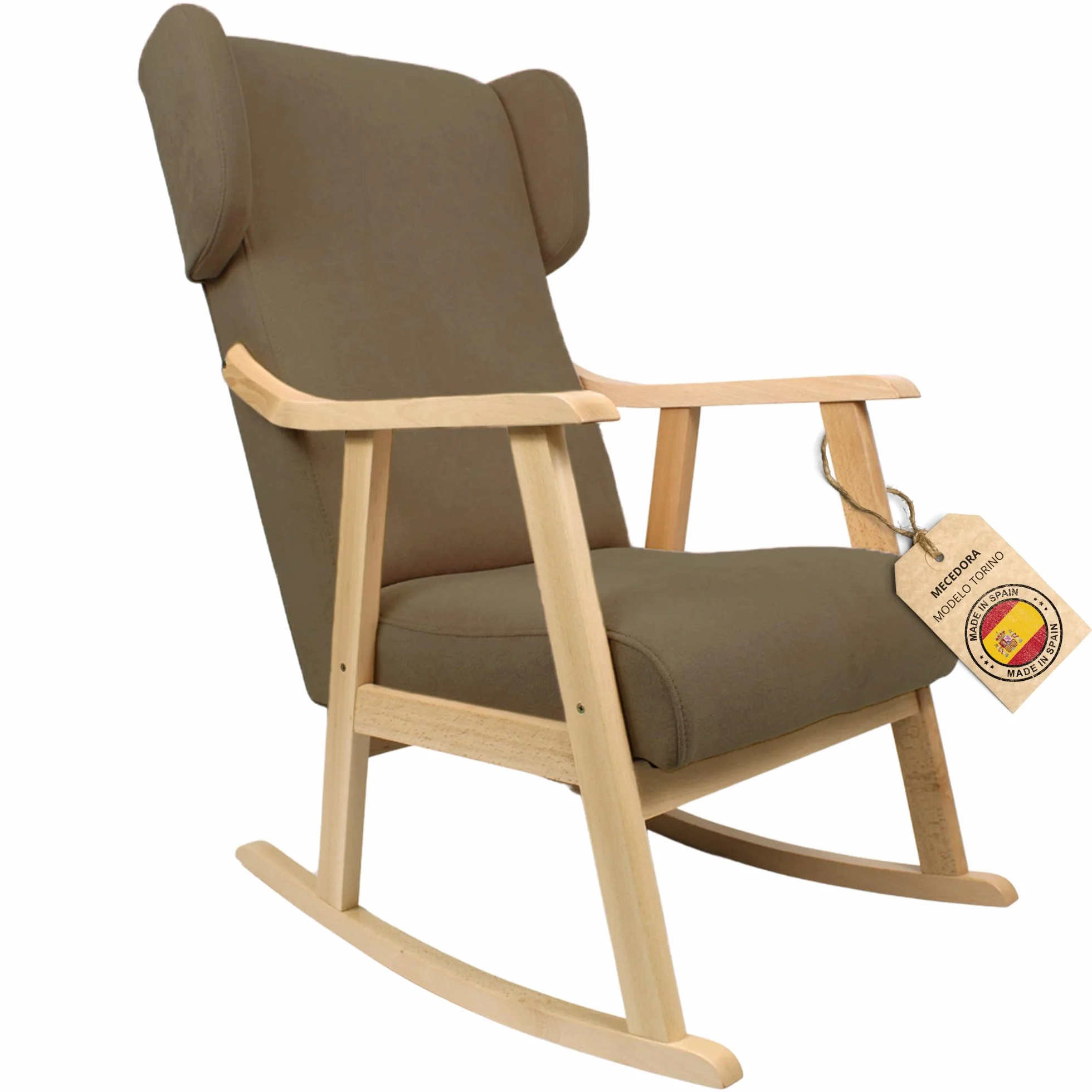 Mecedora Orejera Mod. Torino Sillón Balancín Lactancia Antimanchas Madera Haya Maciza Fabricado España Marrón Natural