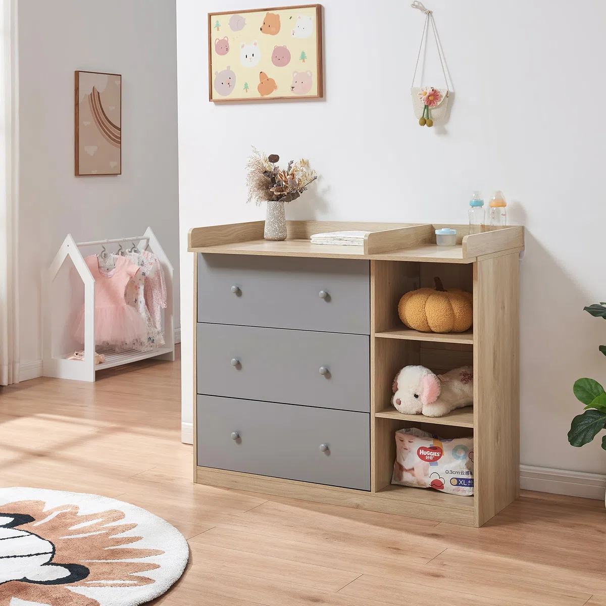 [en.casa] Mueble Cambiador Bebé Beldinupp 2 en 1 Cómoda con Cambiador Bebé con 3 Cajones y 3 Compartimentos Abiertos Moderno 93 x 110 x 55 cm - Efecto roble/Gris