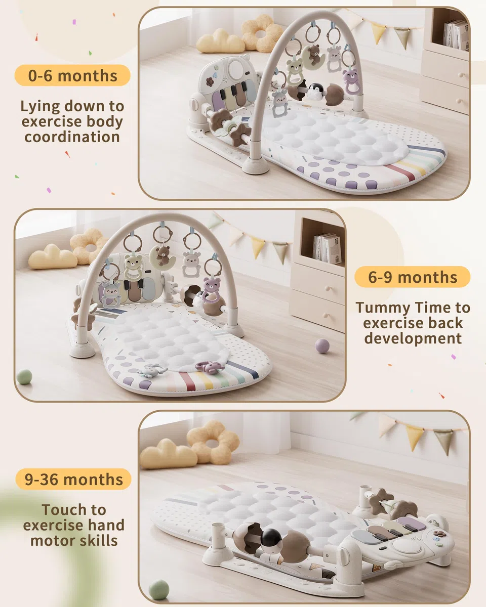 Gimnasio De Juegos Para Bebe con Piano, Alfombra de Gateo con Luces y Sonidos, Manta de Juego con Arco de Juego y 5 Juguetes Extraíbles para Bebés, Alfombrilla de Fitness Kick Piano para 0-36 Meses