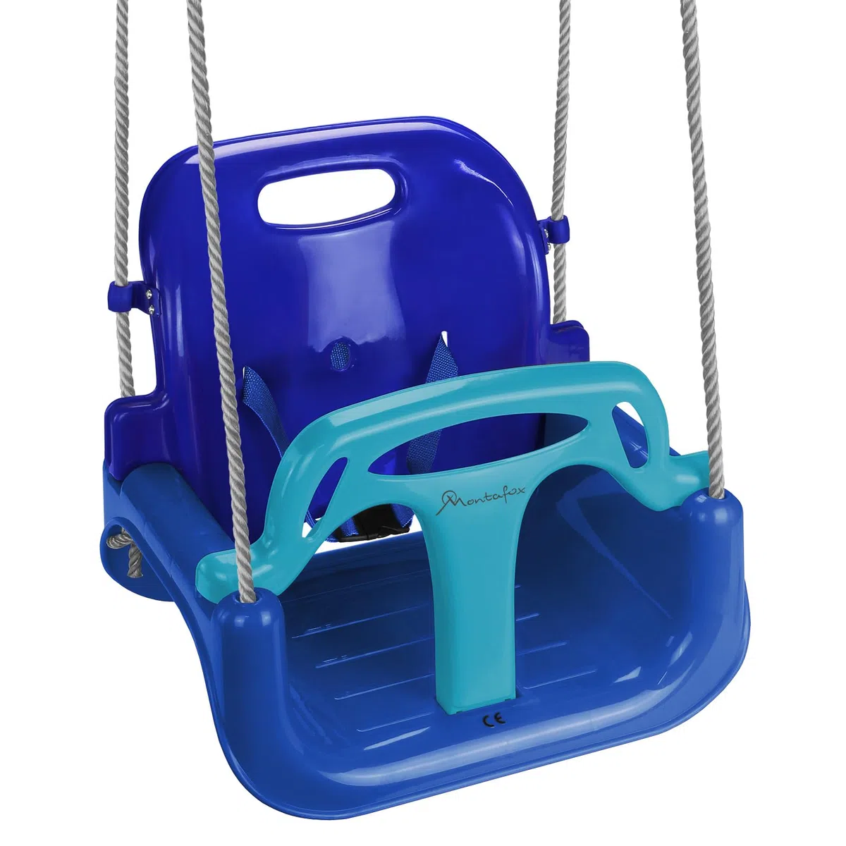 Montafox Columpio para niños bebés 3 en 1 Ajustable en Crecimiento con Respaldo arnés con Correa, Color:Azul