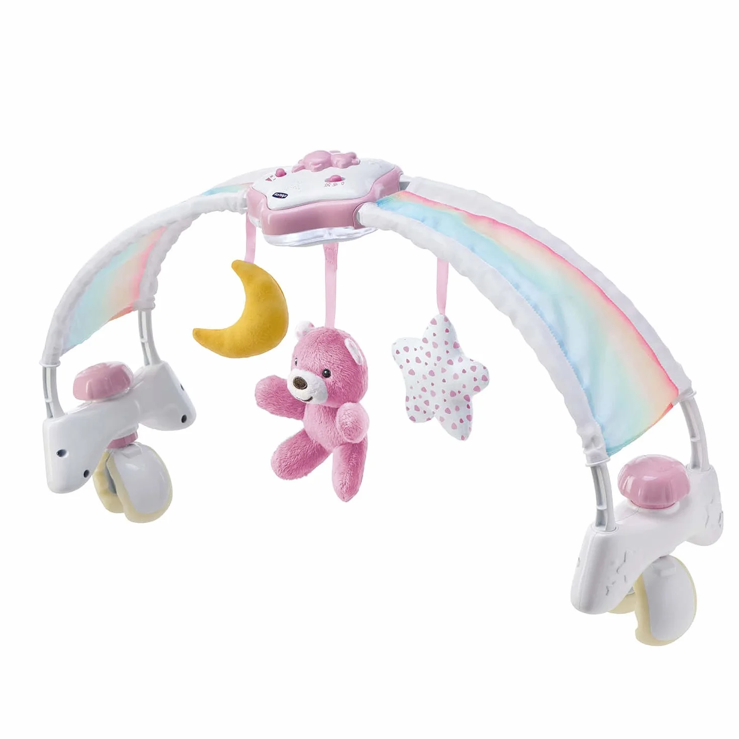 Chicco Rainbow Sky, Arco de Desarrollo 2 en 1 Compatible con la Cuna Next2Me, Panel de Cuna con Arco Iris y Luz Nocturna con Música Relajante y Colgantes, Juguetes Bebés de 0+ Meses, Rosa