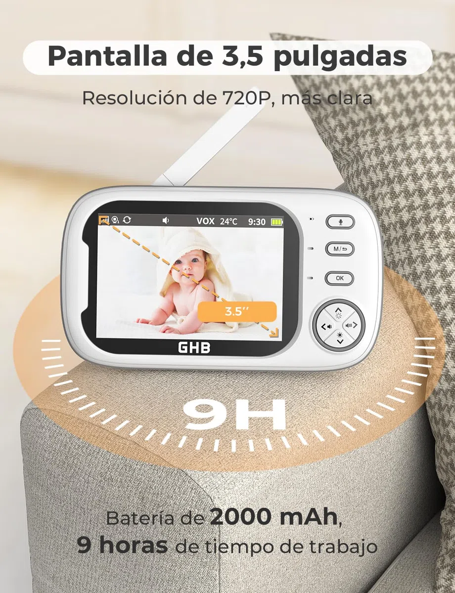 GHB Camara Vigilancia Bebe Vigilabebes con Camara con Pantalla de IPS 3.5" 720P, Batería de 2000mAh Visión Nocturna Comunicación Bidireccional VOX Escucha Bebes