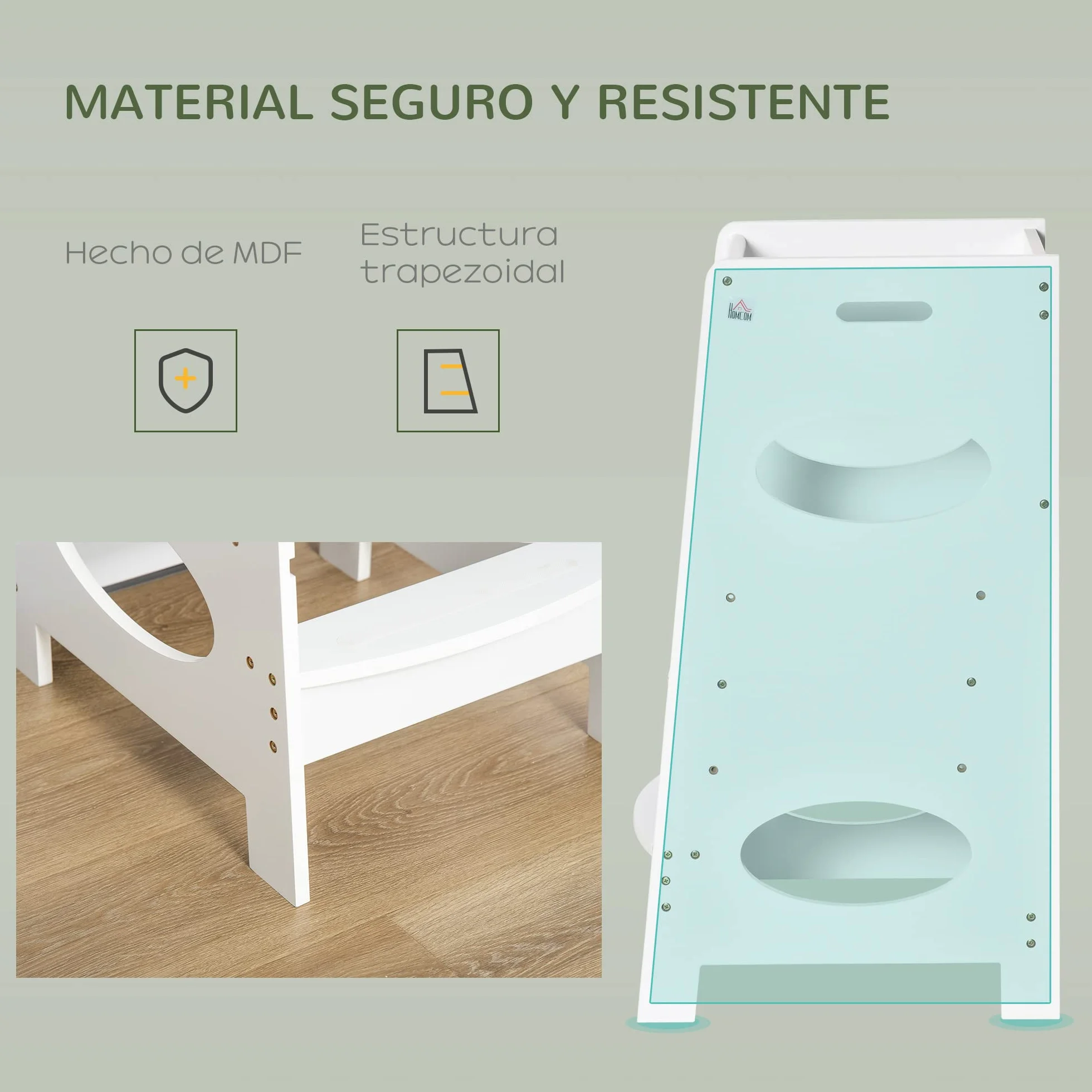 HOMCOM Torre de Aprendizaje Madera Niños Taburete Cocina Infantil Altura Ajustable 3 Posiciones Barra Seguridad 40x50x90 cm Blanco