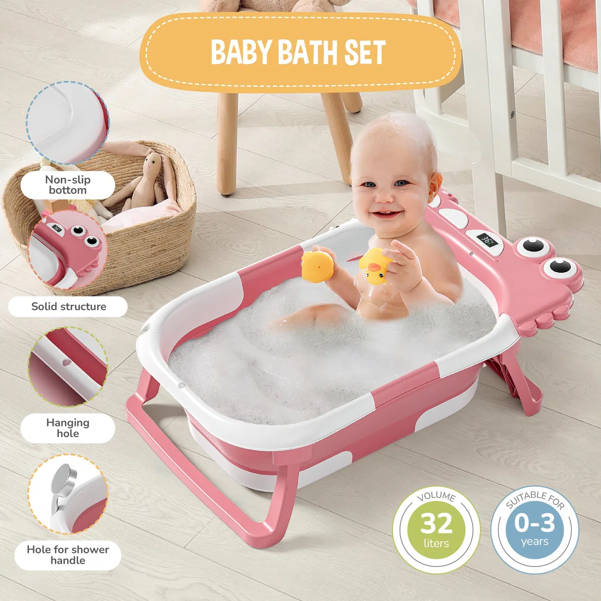 Bañera Plegable Bebé Con Cojín De Baño Antideslizante - Bañera Bebe Plegable Con Termómetro - Asiento bañera Bebe - Desde El Nacimiento Hasta Los 3 Años - Regalos De Nacimiento (ROSA, DINO)