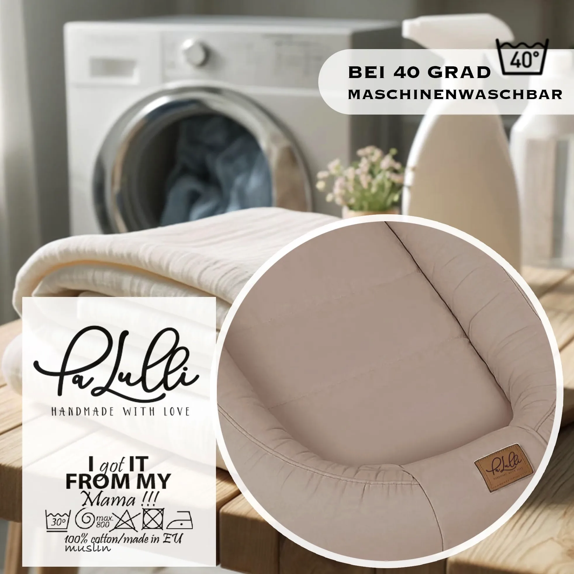 PaLulli® Nido de bebé extragrande, 100 x 60 cm, algodón, reversible, reversible, hecho a mano, transpirable y seguro (marrón)