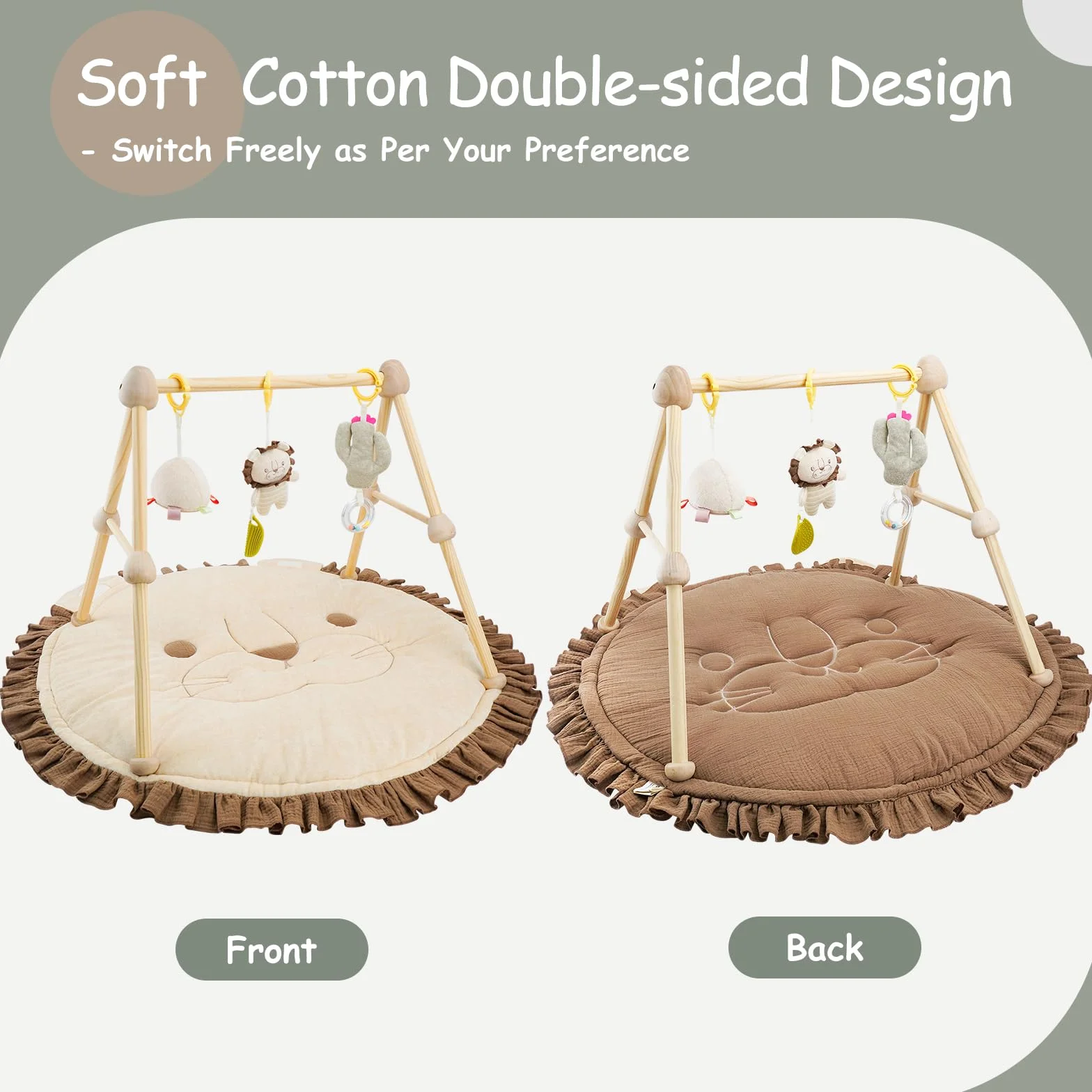 4 IN 1 Gimnasio para Bebé, Alfombra de Juegos con Madera Natural, 3 Juguetes Desmontables para Agarrar, Montessori para 0-3-6-12-36 Meses, León Marrón