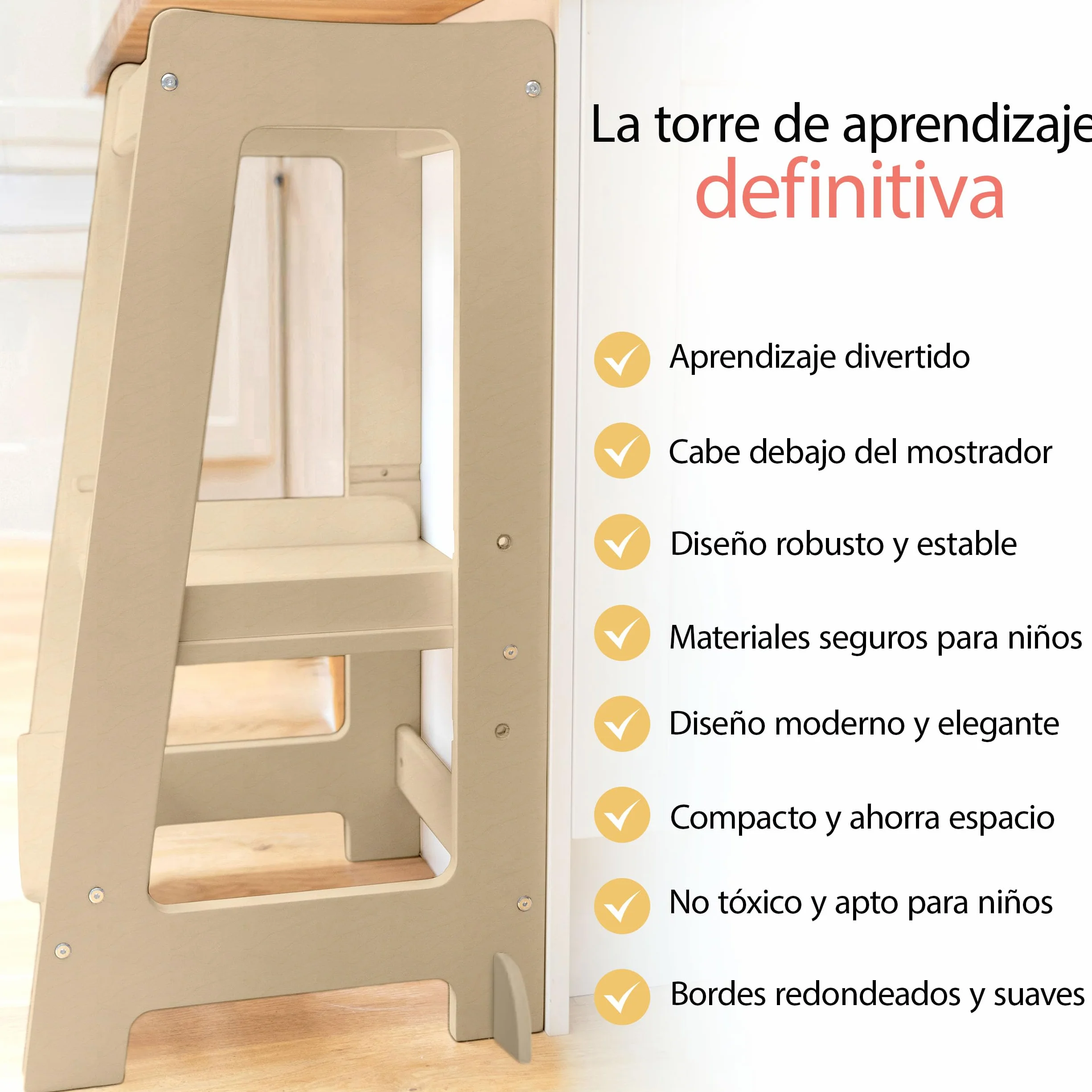 Stepup Baby Torre de Aprendizaje Montessori Taburete Infantil Madera Altura Ajustable Barra Seguridad para Niños 18 Meses a 5 Años