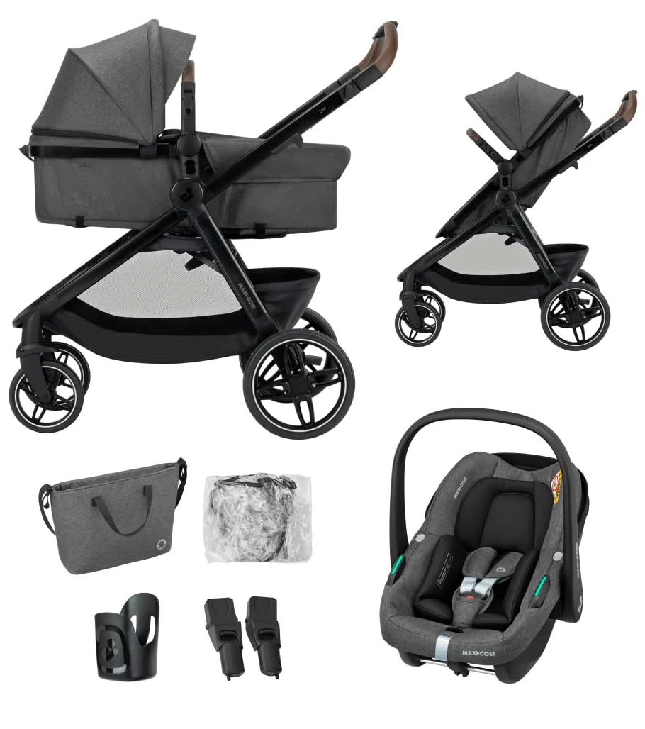 Maxi-Cosi Zelia S Trio2 Cochecito Bebé 3 Piezas, 0-4 Años, hasta 22 kg, Plegable, Compacto y Reclinable Silla de Paseo, con CabrioFix S i-Size Silla Coche Bebé, Accesorios, Gris Oscuro