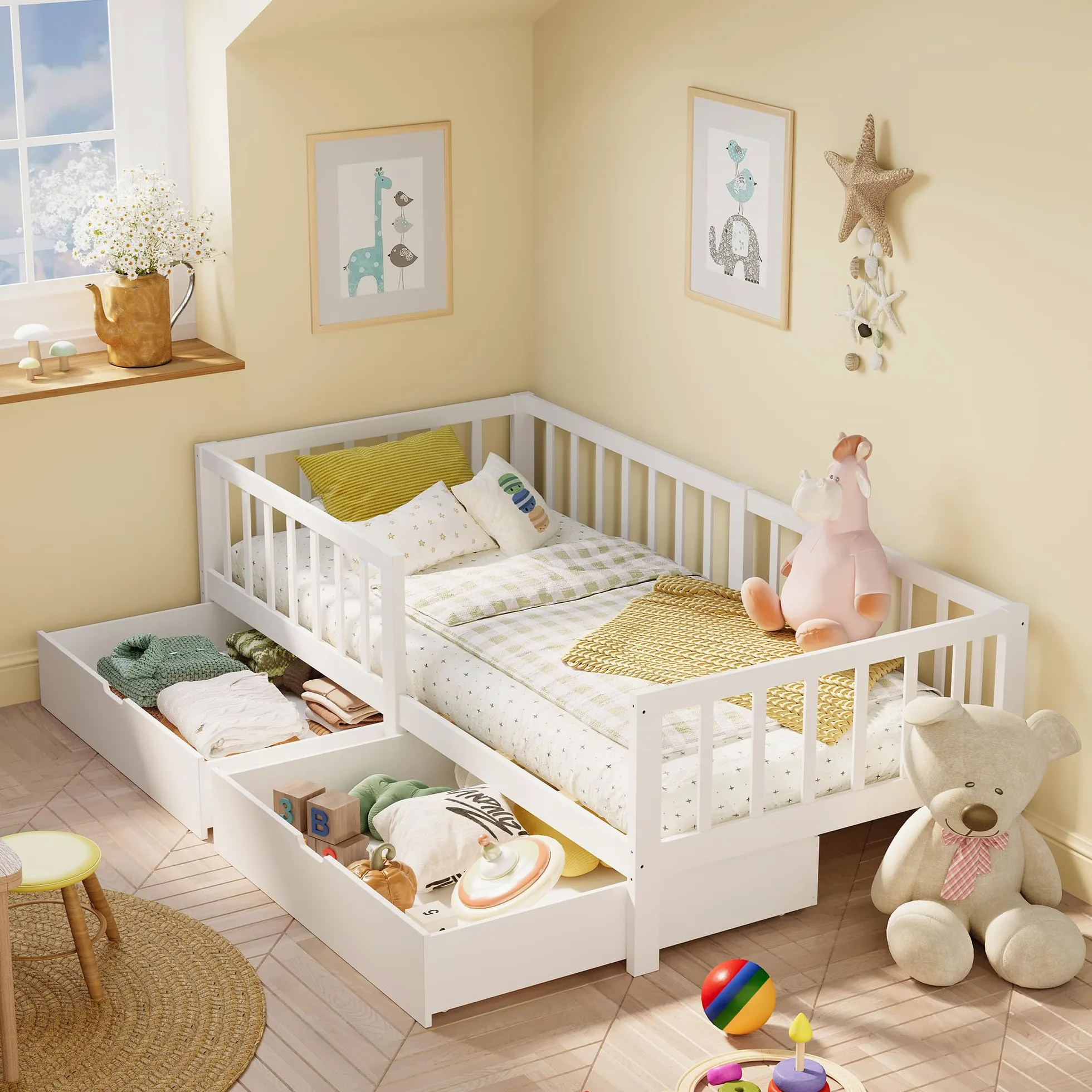 Xbro Cama Infantil 100x200 cm, con Cajones, Barandilla Anti-Caída Completa, Somier Incluido, para Niños y Niñas, Montaje Sencillo, Blanco