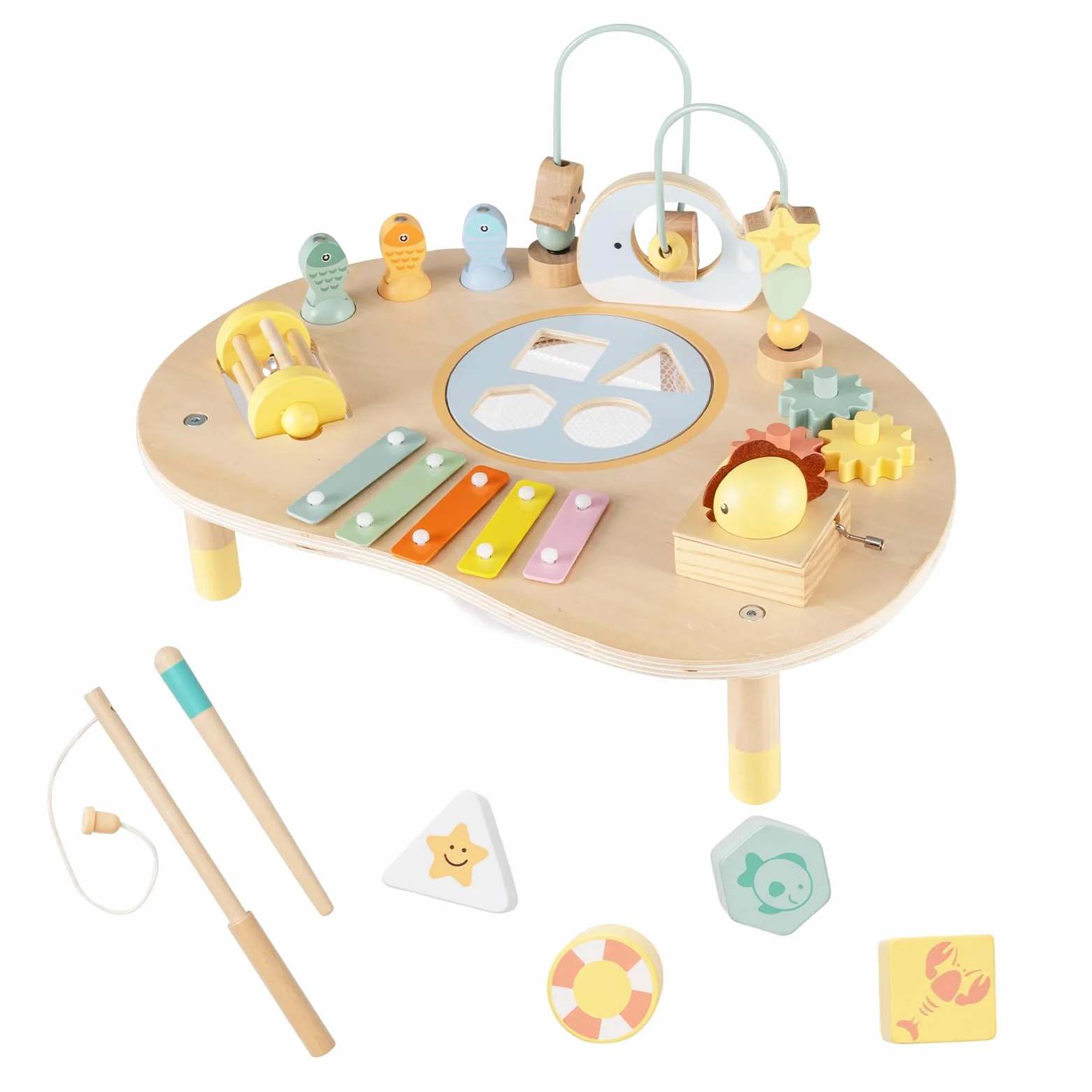 FANTASK Mesa de Actividades de Madera, Mesa de Motor Montessori para niños a Partir de 1 año, Juguete Educativo con bucles Motores, Juego de Pesca, xilófono, Caja de música y clasificador de Formas