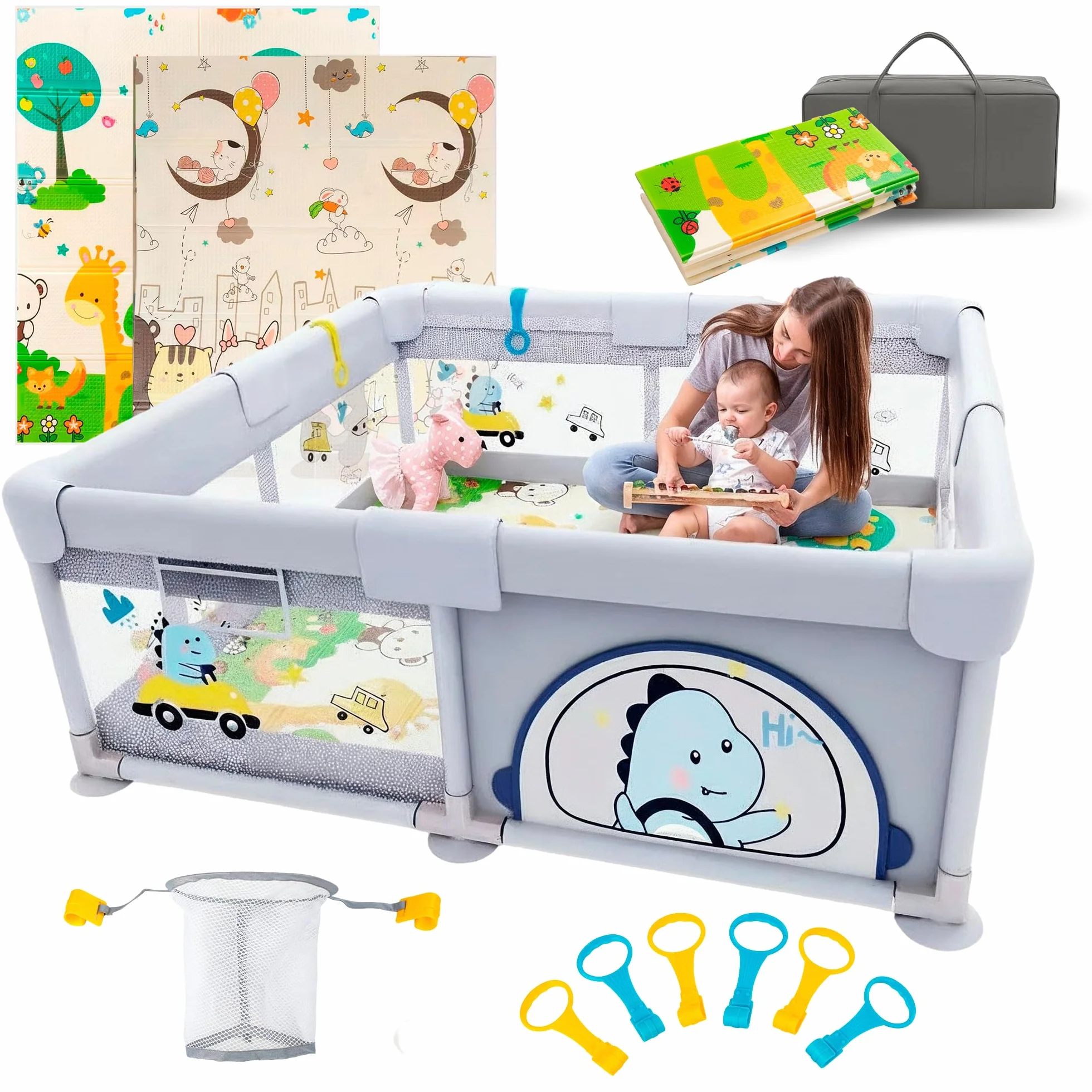 PARVULI Parque Infantil Bebe 120x120cm con Alfombra Acolchada, 6 Agarraderas, Canasta, Bolsa — Corralito Bebe Casa Malla Transpirable