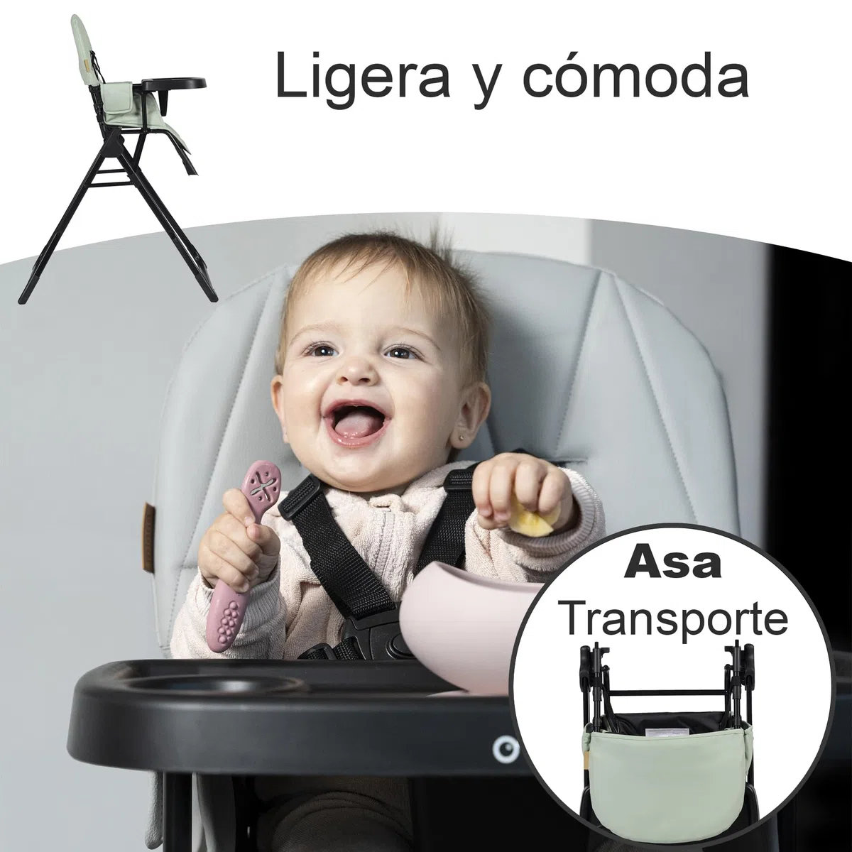 Olmitos – Trona para Bebé Plegable Ligera y Ultracompacta MINNA – Trona portátil de viaje 4.9kg ergonómica con Funda Acolchada de 6 meses a 3 años - reposapiés ajustable y Arnés 5 Puntos, Verde