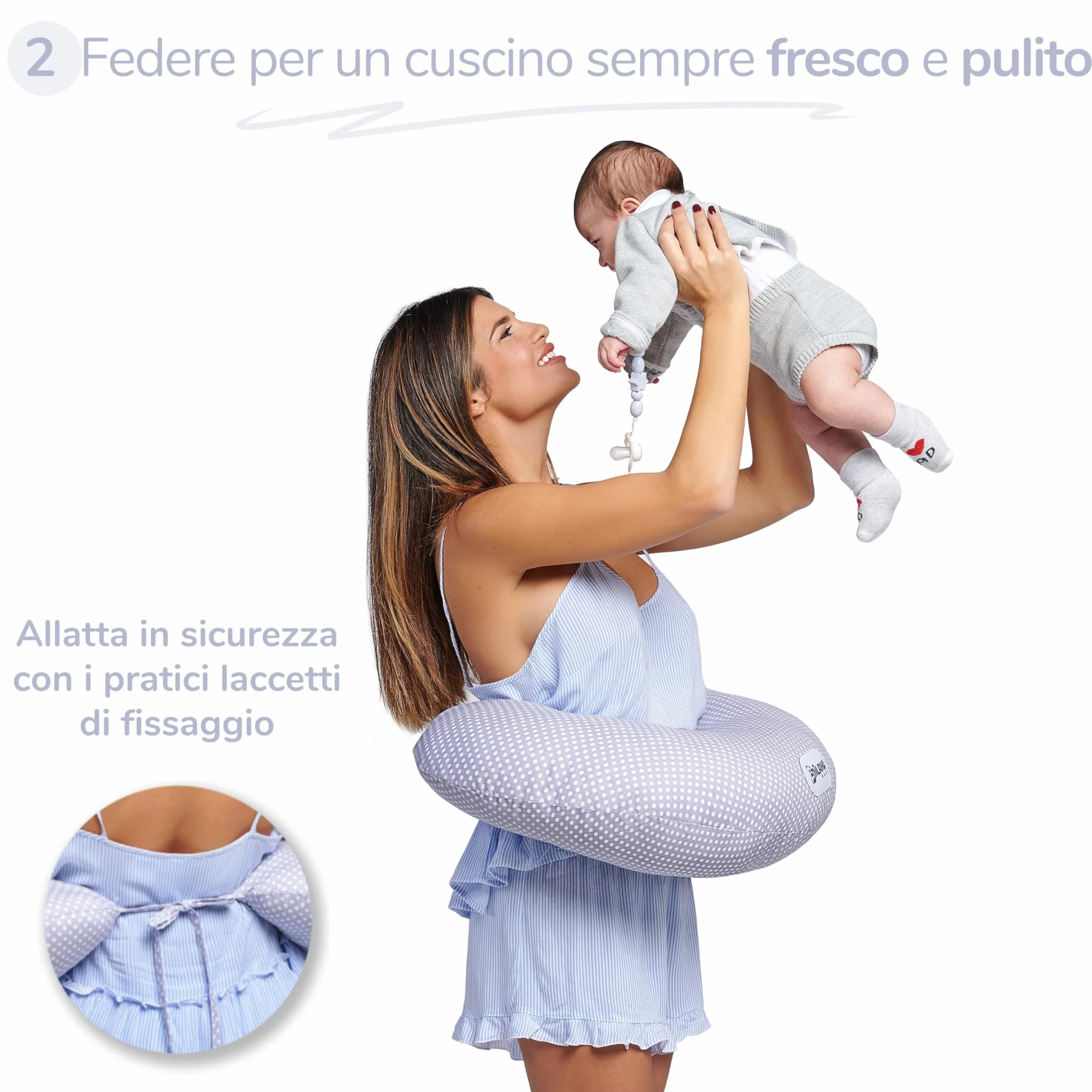 Dilamababy - Cojin Lactancia con 2 Fundas de Algodón 100%, Relleno Bolas de Fibra Ajustable - Cojin de Lactancia con Banda Ergonómica y Cordones para Amamantar con Seguridad