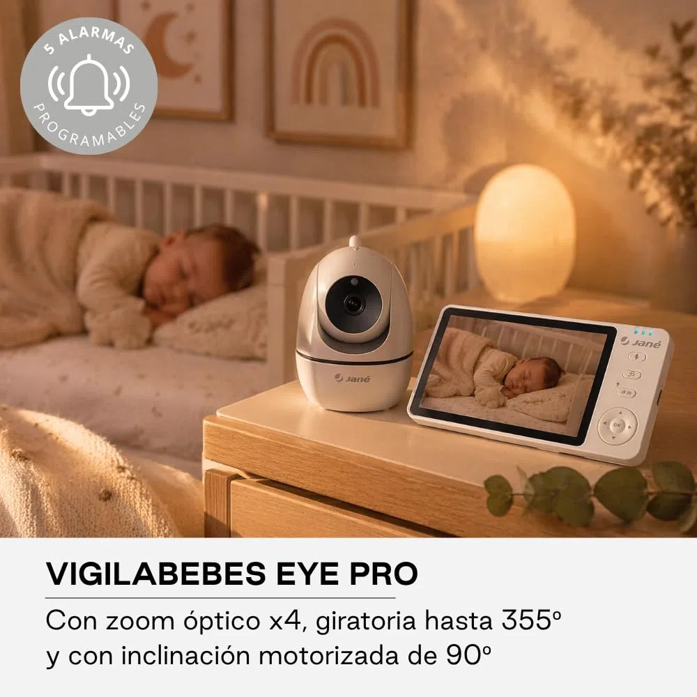 Jané Eye Pro Baby Monitor, Vigilabebés con Cámara Giratoria, Inclinación Motorizada, Pantalla 5", Audio Bidireccional, Visión Nocturna, Gran Alcance, con Música, Batería Bajo Consumo