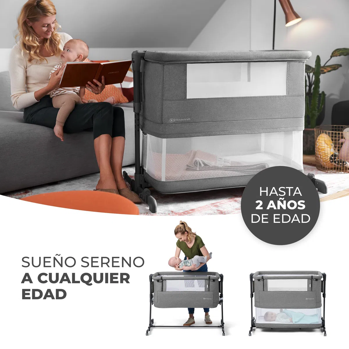 Kinderkraft Neste Grow Cuna de Cabecera Colecho 3 en 1, para Bebé, con Colchón, Fácil Ajuste, Desde el Nacimiento hasta los 2 años, Buena Circulación de Aire, Ruedas transportarás, Gris