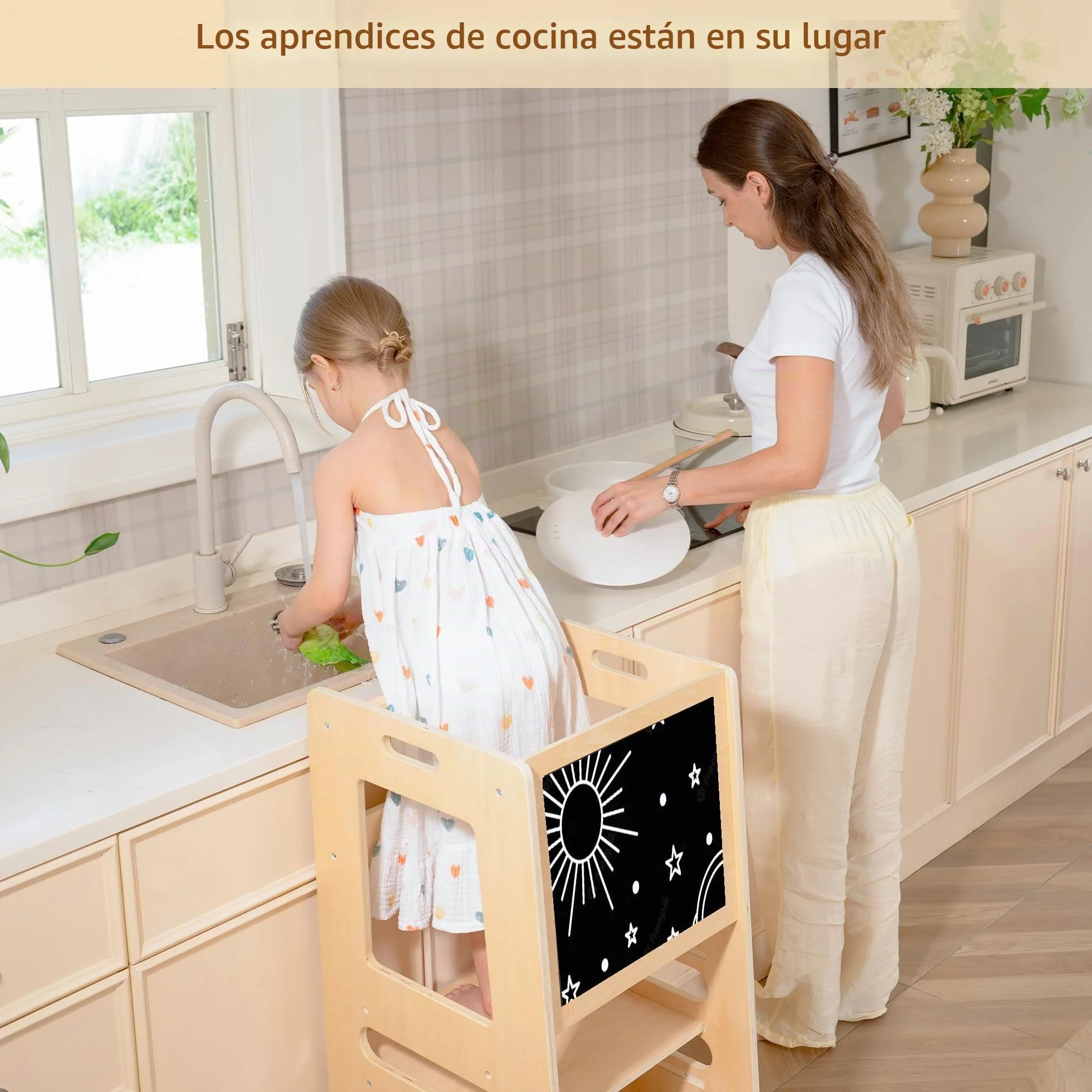 Torre de Aprendizaje Montessori de Madera para Niños, Taburete de Cocina Regulable 1-5 Años con Barra de Seguridad