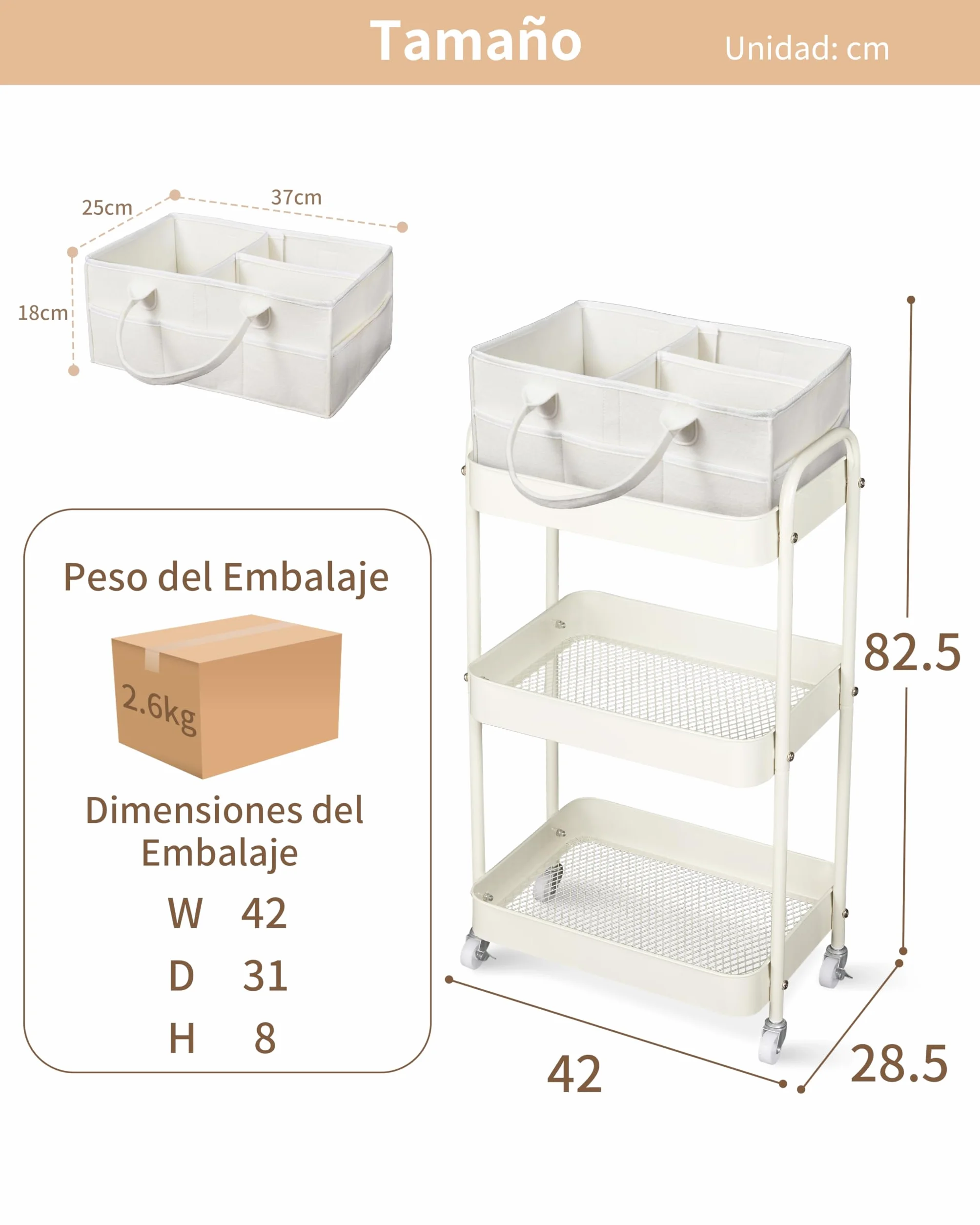 Fortella Carrito Auxiliar 3 Niveles, Cesta Bebe Recien Nacido Fieltro Portátil, Almacenamiento Hogar, Organizador Pañales, Multifuncional Carrito Cocina Baño (Beige)