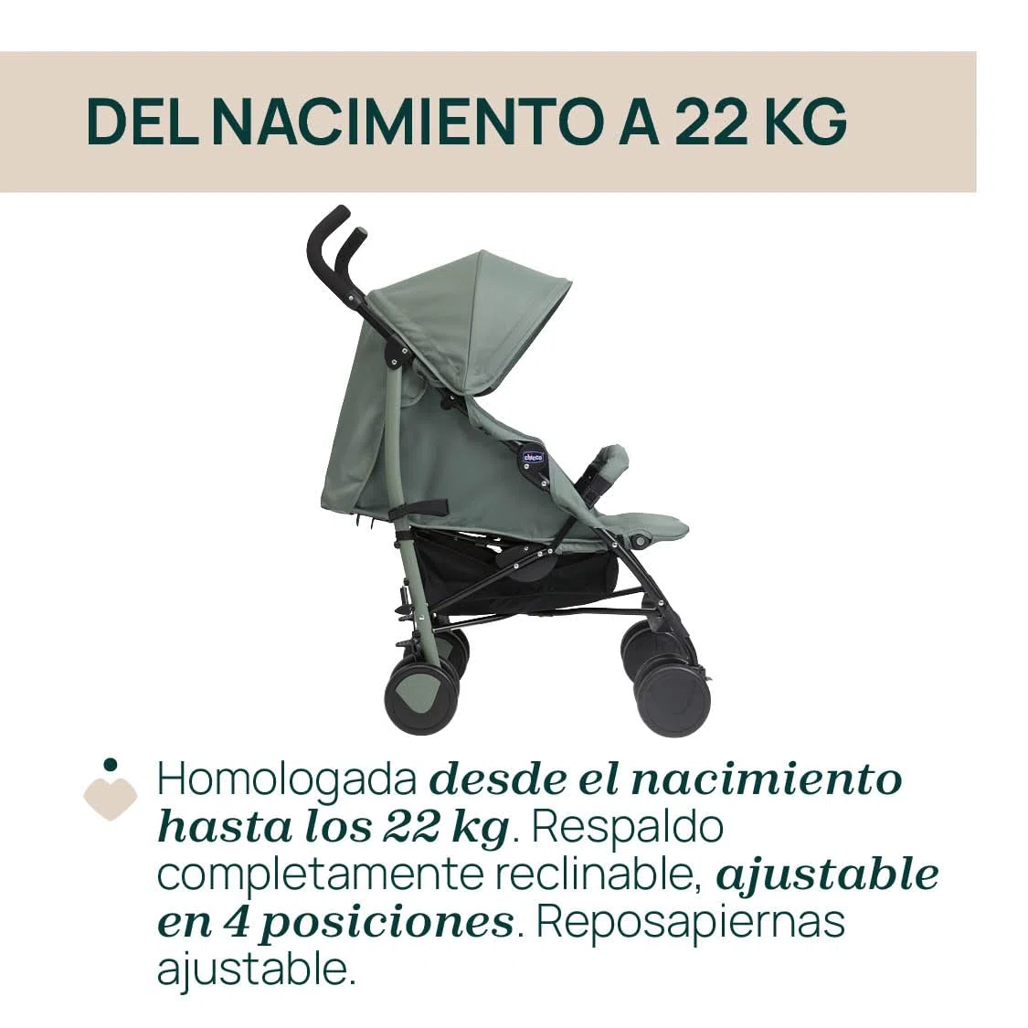 Chicco Echo Lite, Silla de Paseo Bebé Ligera, 0+ Meses-22 Kg, Respaldo Reclinable en 4 Posiciones, Asiento Espacioso, Paragolpes, Cierre Paraguas, Frenos Gemelos y Ruedas Delanteras Giratorias, Verde