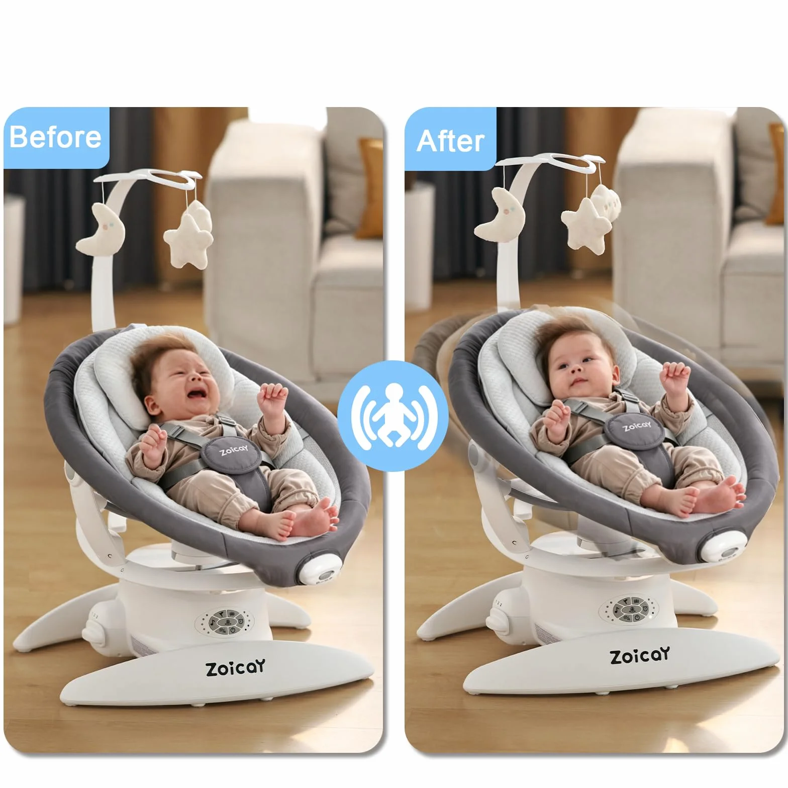 Mecedora Eléctrica para Bebé 3-en-1 Zoicay, 9 Modos, Giro 360°, Temporizador y Música, Control Remoto y Bluetooth, Gris