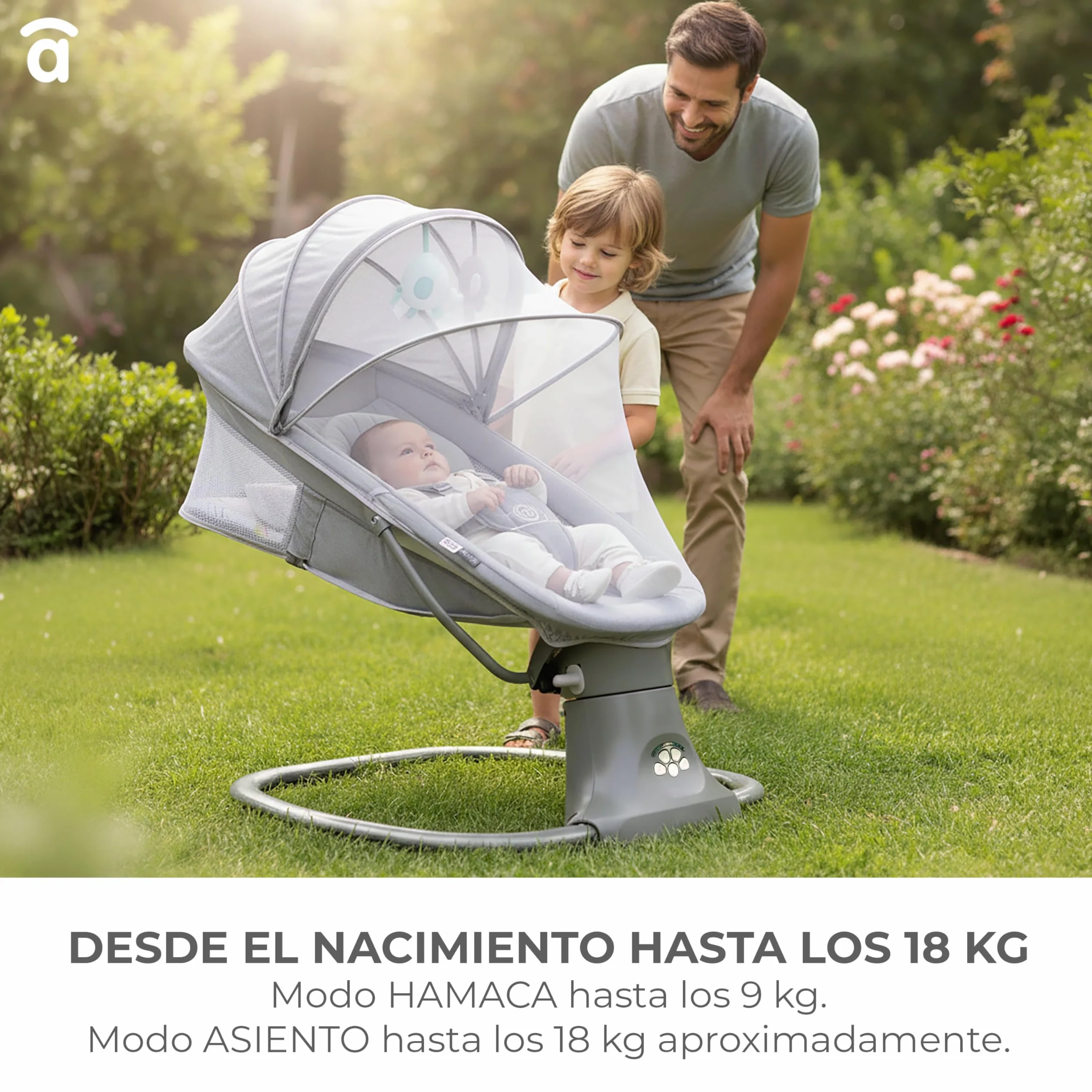 Asalvo Kahlo Hamaca Balancín con Música y Bluetooth, Balanceo Automático 5 Niveles, Capota con Mosquitera, Juguetero con 2 Juguetes, reposa Cabezas, Desde 0 Meses hasta 9 Kg, Textil Lavable, Gris