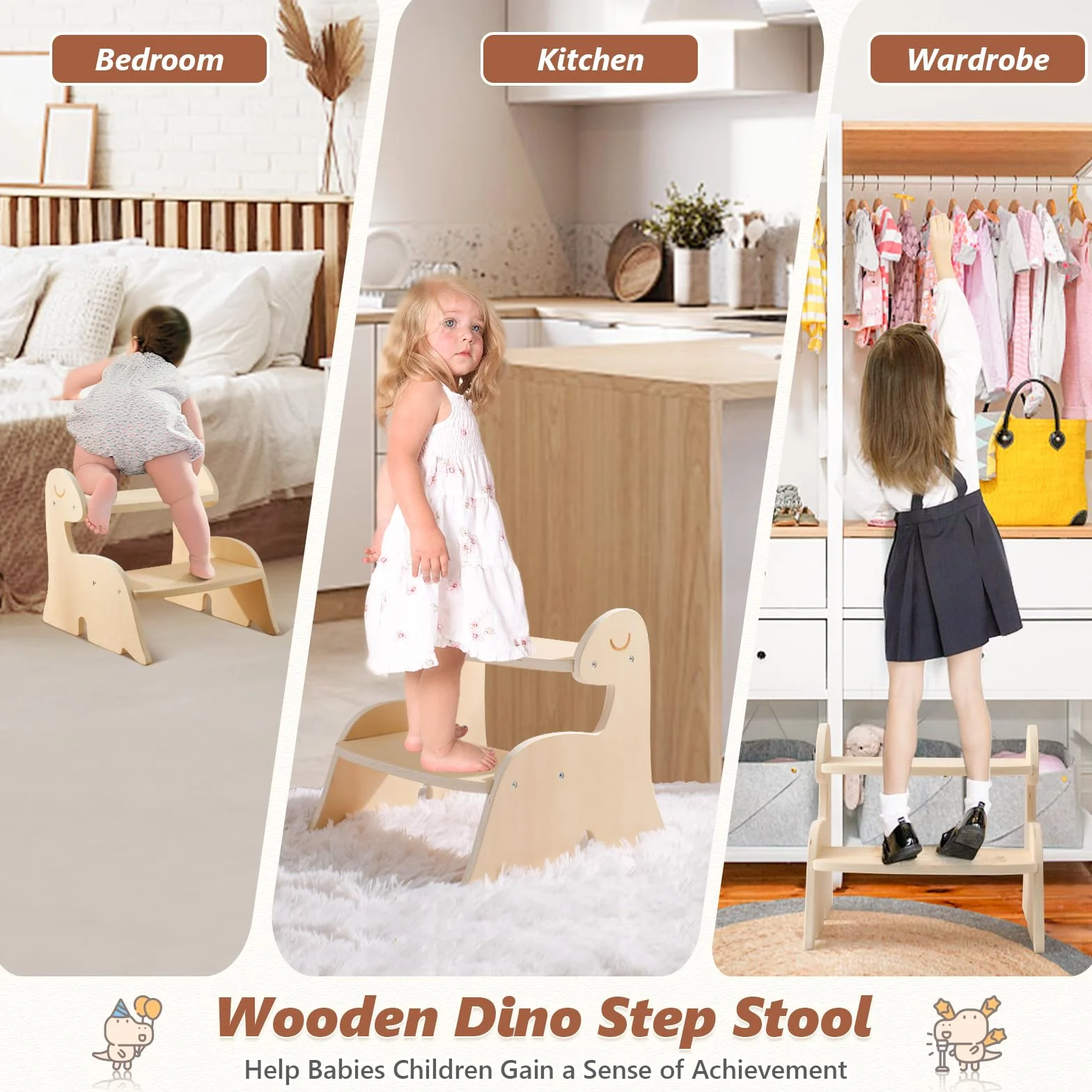 Taburete Infantil Learning Tour Wood 2 Steps Dino con Estante y Armario