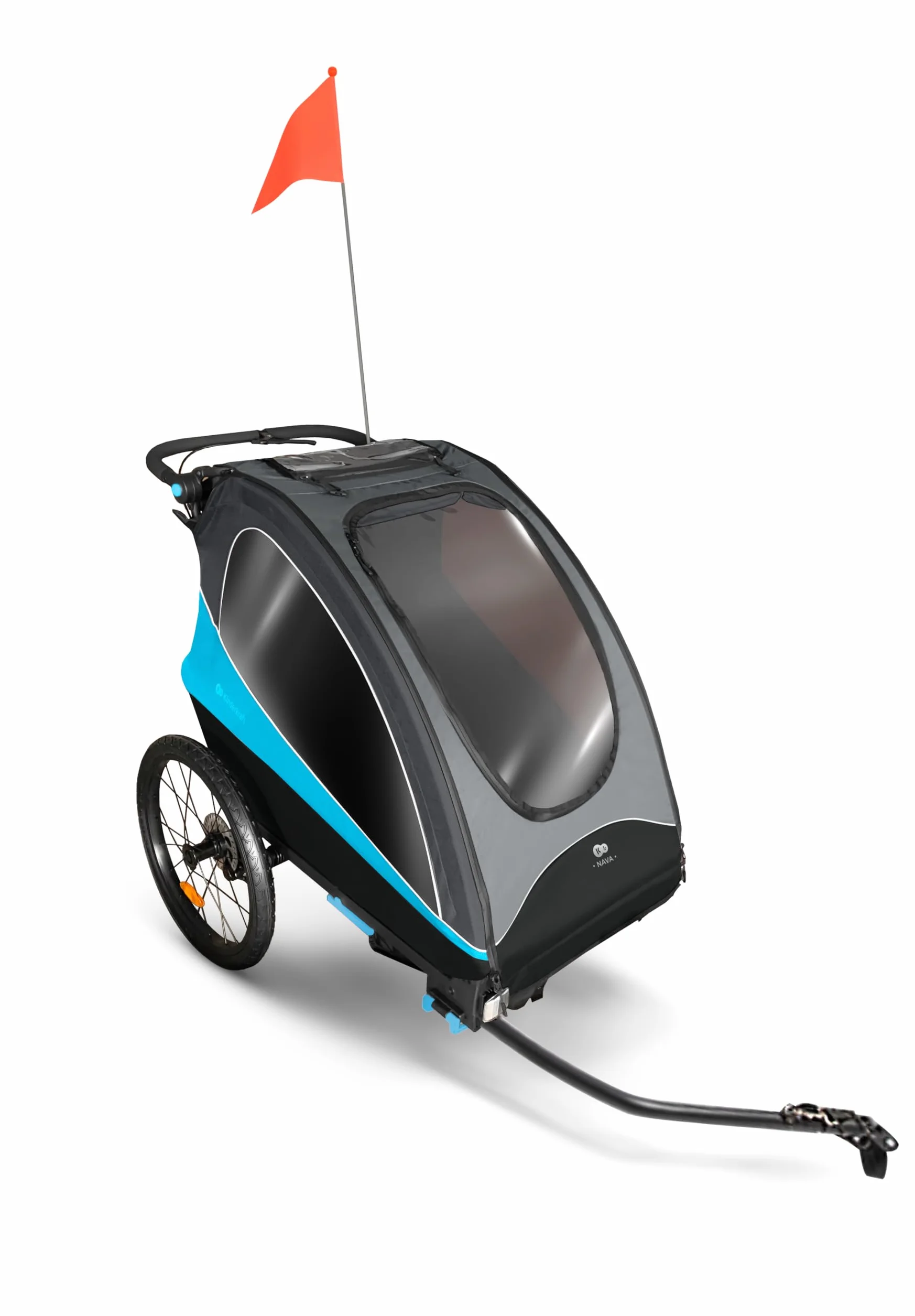 Kinderkraft NAVA 3 in 1, Rimorchio per bambini, Passeggino, Jogger, Carrozzina, Rimorchio per bicicletta, per uno o due bambini, 2x22 kg, Parapioggia, Protezione dagli insetti, Azul