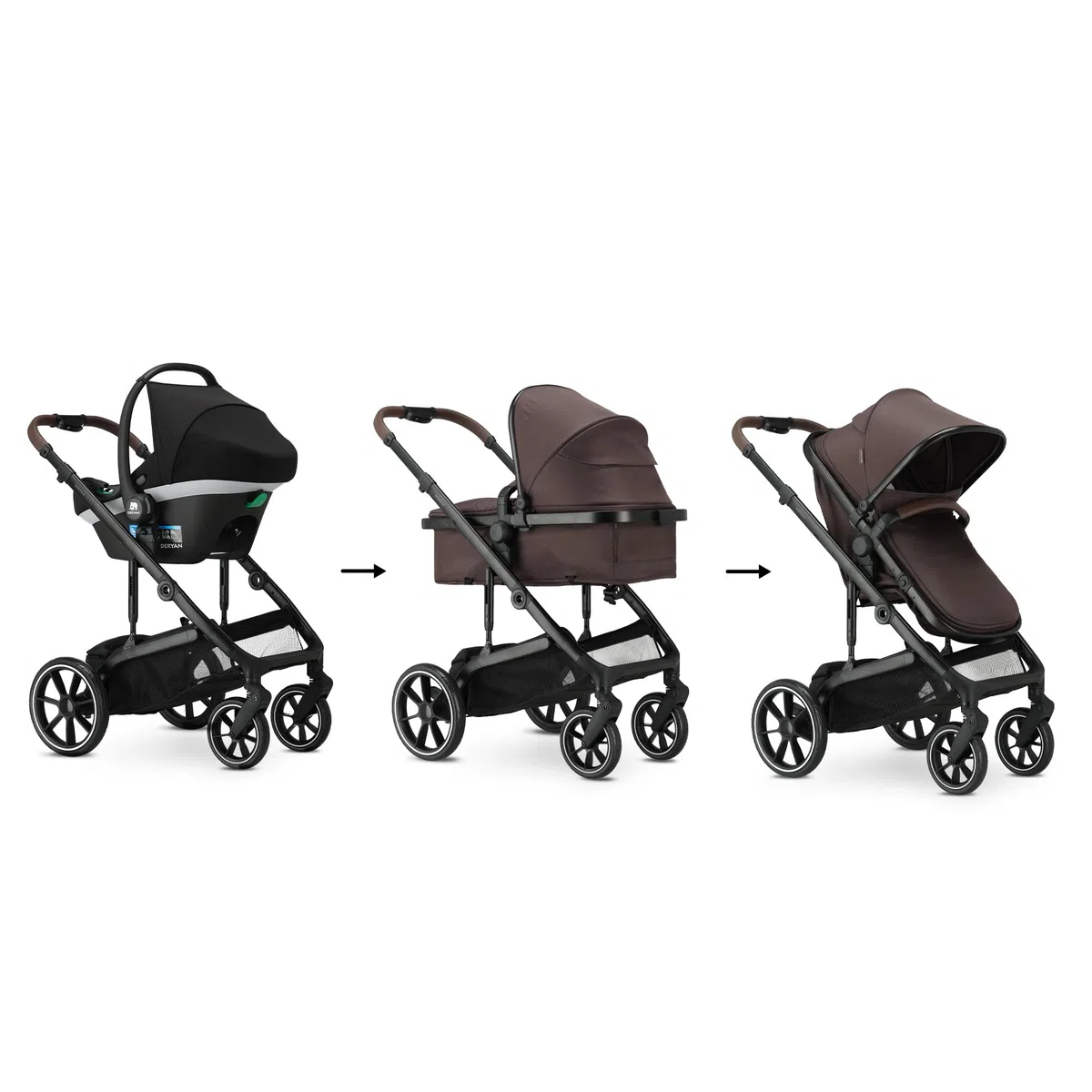 Deryan NOA - Cochecito 3 en 1 con asiento de coche I-Size, sistema de viaje, cochecito de bebé, cochecito plegable, para recién nacidos hasta 4 años (Chocolate)