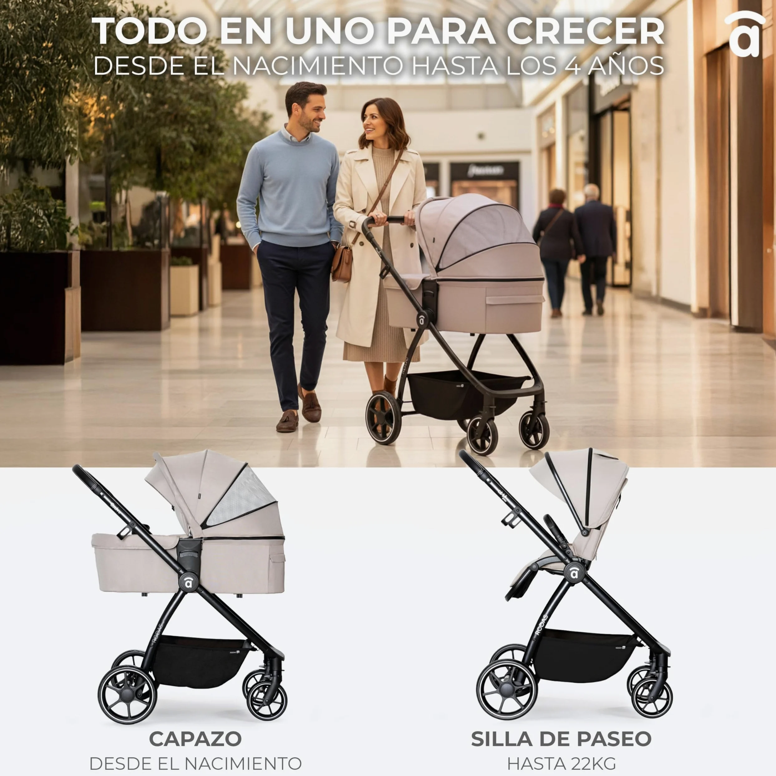 Asalvo DÚO RODAS Silla de Paseo, Carro Plegable Ultraligera y Compacta, Asa Trolley, Equipaje avión, Reclinable, Carro Bebe, Barra Seguridad, Arnés 5 Puntos, hasta 23kg, Negro