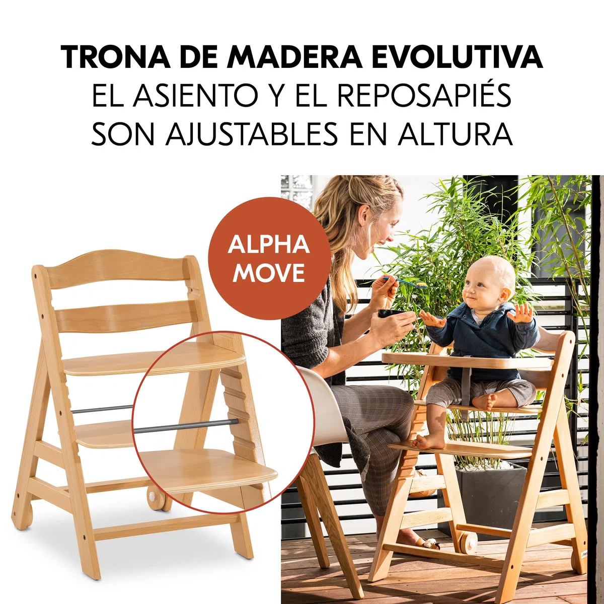 hauck Alpha Plus Move Set de Tronas de Bebe de Madera con Bandeja - Cojín y 2 Platos de Silicona - Silla Evolutiva con Ruedas - Natur/Leaves Mint