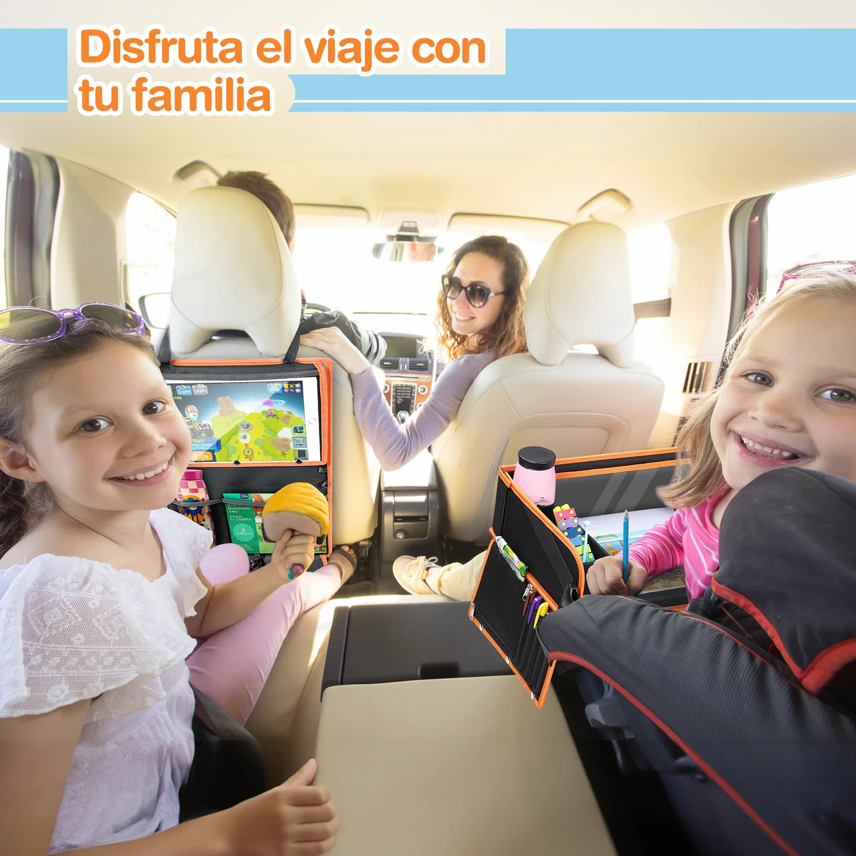 lenbest Mesa de viaje para niños de doble función, bandeja para las rodillas (protección del respaldo del coche) con película transparente, 5 placas de dibujo y 6 lápices de colores, negro/naranja