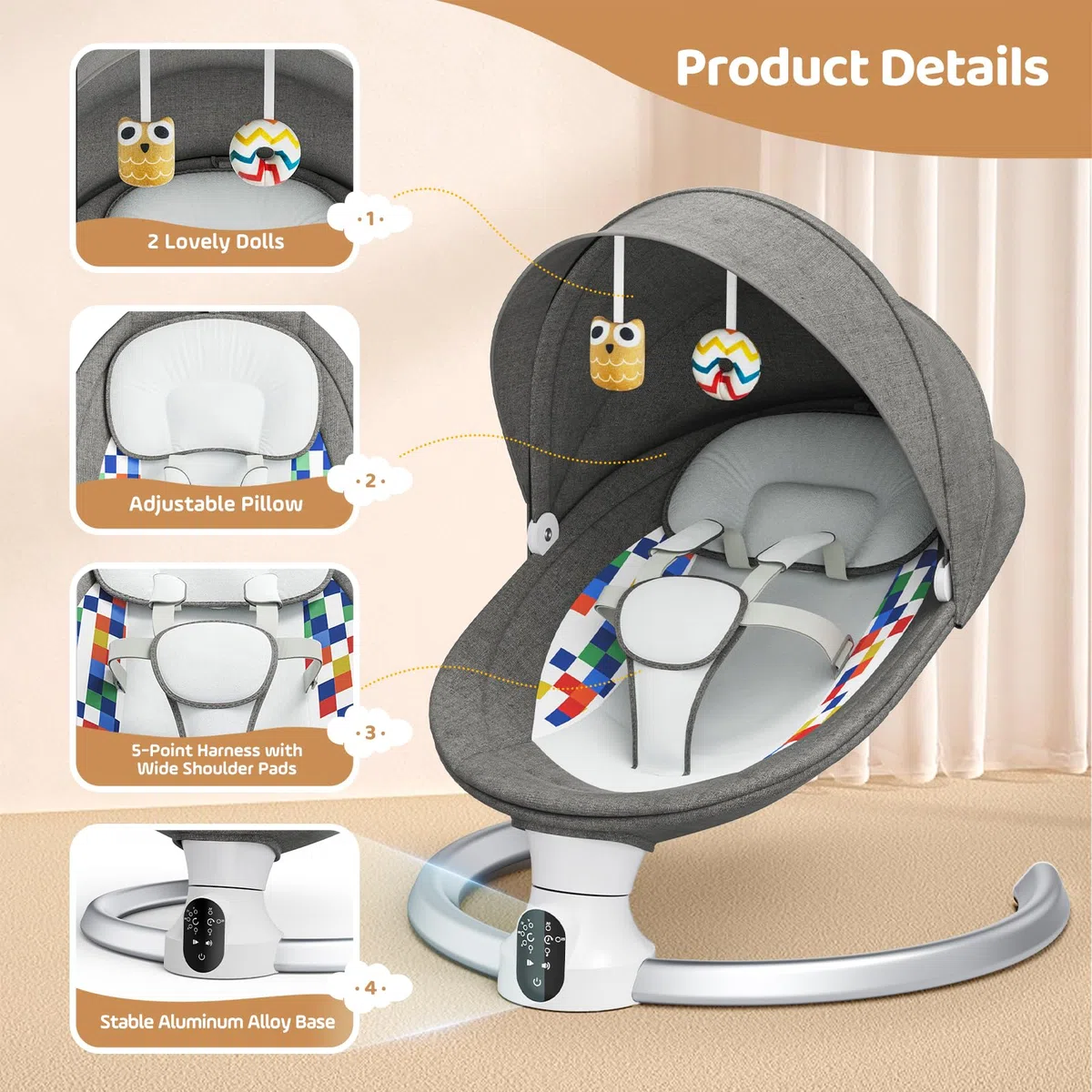 Mecedora Bebe electrica, Hamaca bebé eléctrica para Desde el nacimiento hasta los 6 meses, Bluetooth y APP Control Silla Mecedora,5 modos de columpio,10 melodías, con arnés seguridad 5 puntos
