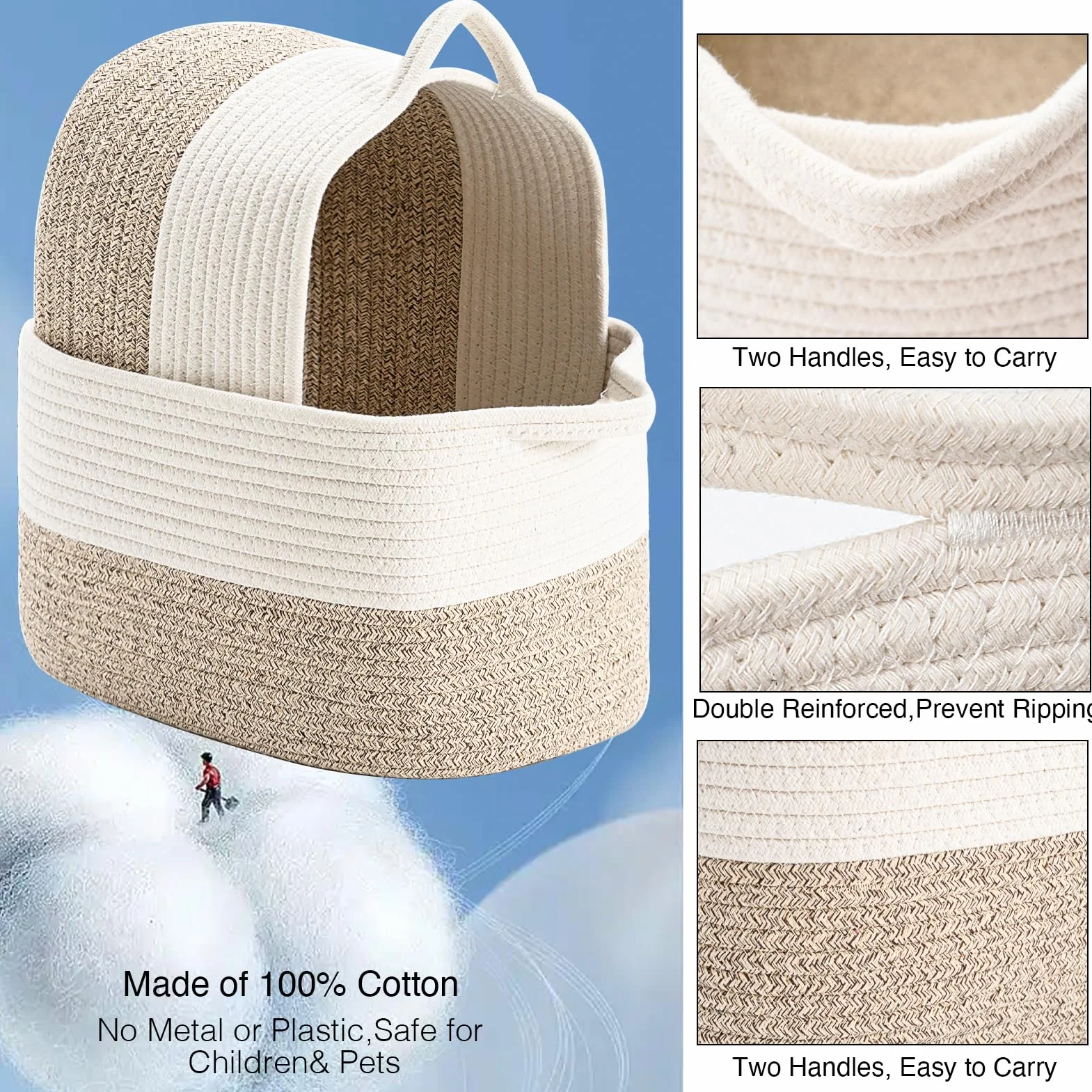 Cesta de Almacenamiento Tejida de Cuerda de Algodón para Organizar Juguetes de Bebé, Lavandería y Manta - Blanco y Marrón