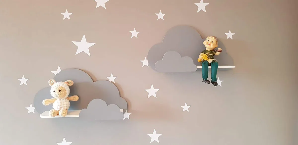Happy Woody Juego de 2 estantes de Pared Nube para habitación Infantil, Estante Flotante de Madera, decoración de habitación de bebé, habitación Infantil, decoración de Pared, Caja de Regalo (Gris)