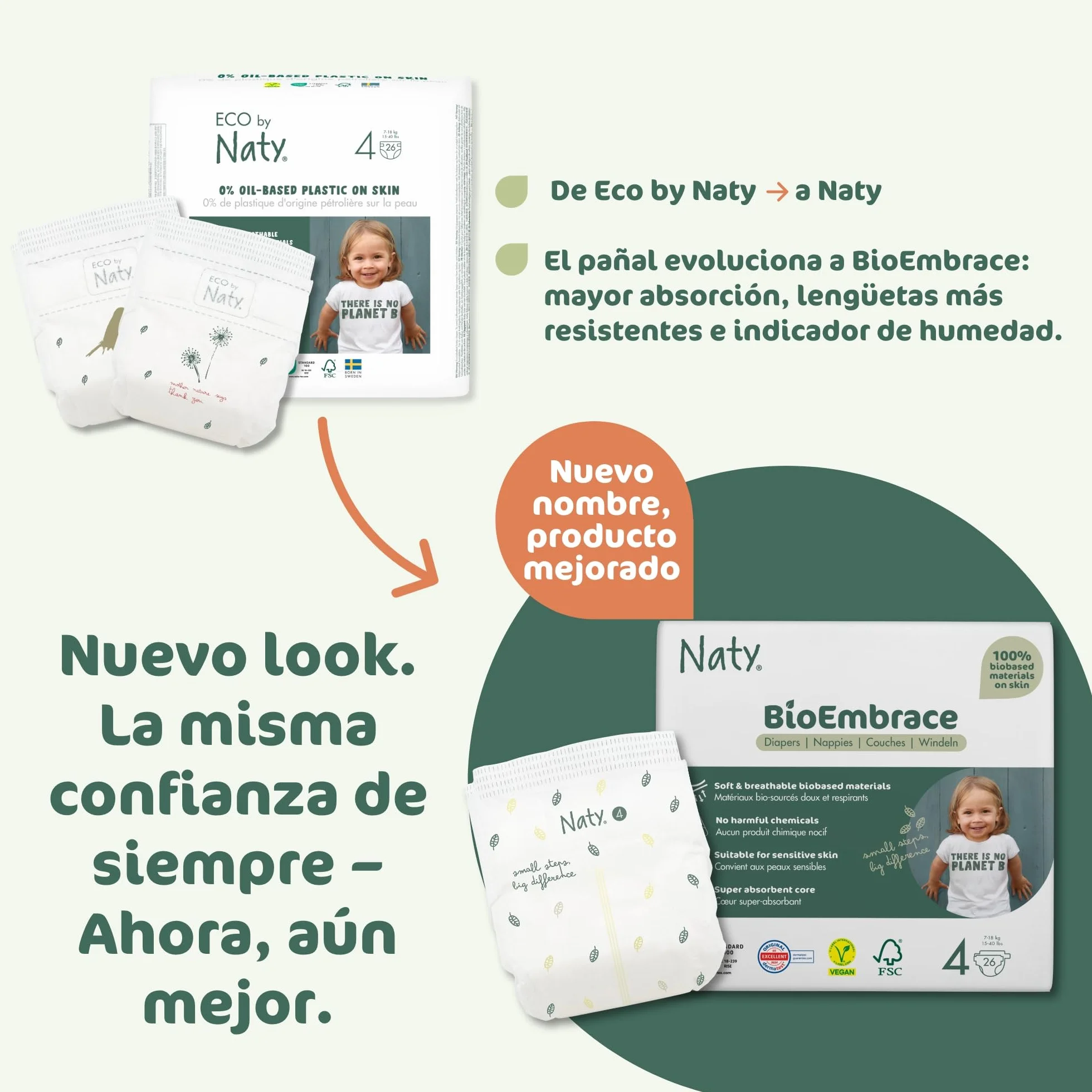 Naty BioEmbrace Pañales Bebé Talla 4 (7-18 kg) 88 unidades Protección antifugas Suavidad vegetal Sin cloro