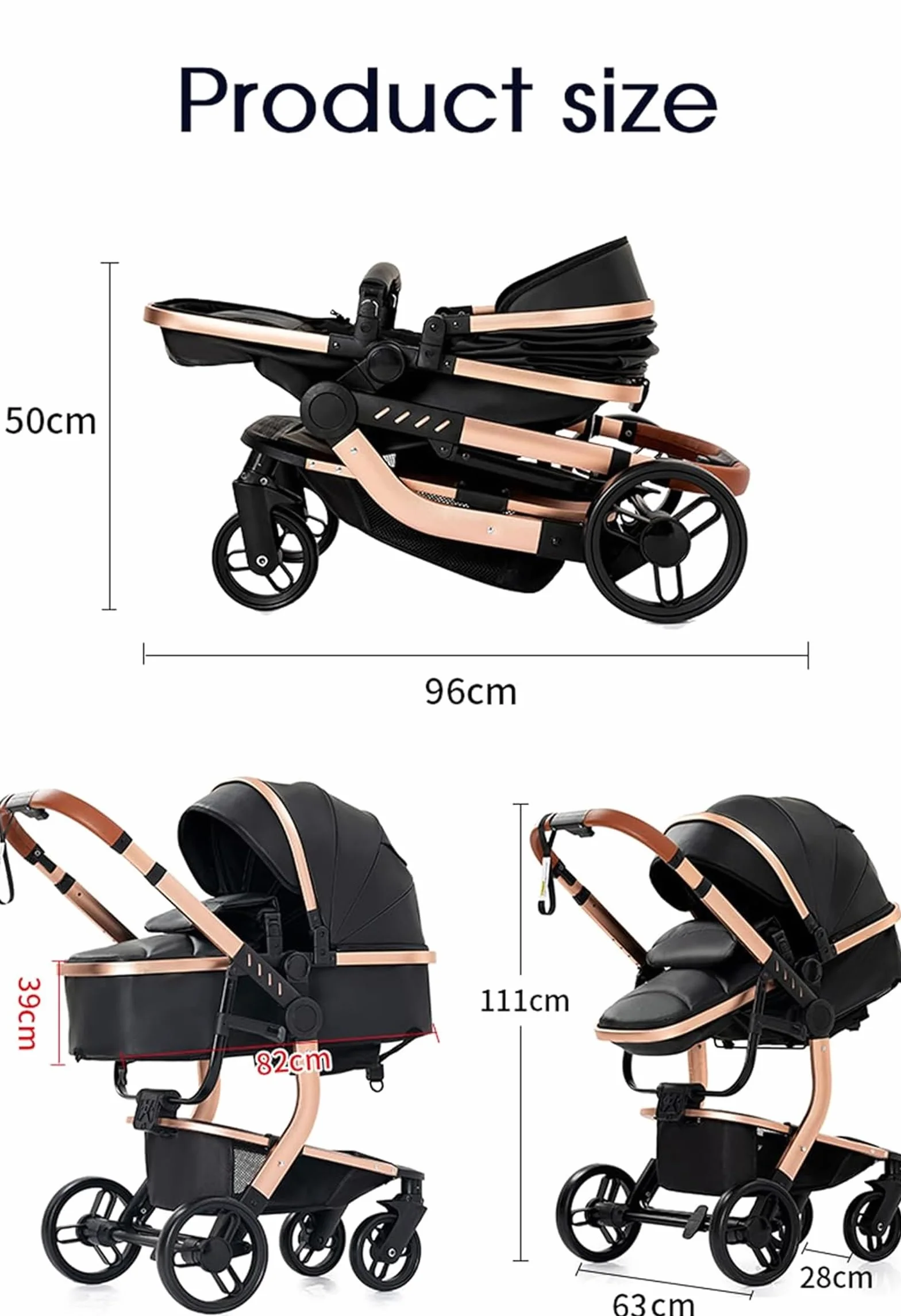 Cuero PU Carrito Bebe 3 en 1, Carrito Bebe con Diseño Portátil Plegable de Un Clic, Carro Bebe 3 Piezas con Empuje Reversible Dos Vías, Cochecito Bebe 3 Piezas con Accesorios (B518 Grey)