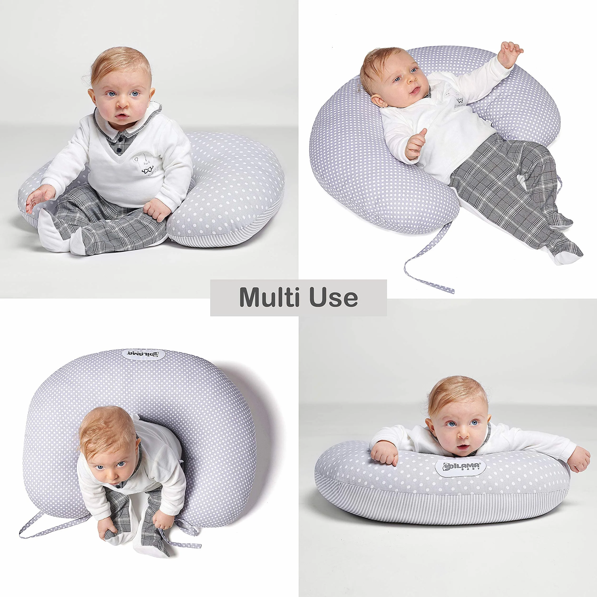 Dilamababy - Cojin Lactancia con 2 Fundas de Algodón 100%, Relleno Bolas de Fibra Ajustable - Cojin de Lactancia con Banda Ergonómica y Cordones para Amamantar con Seguridad