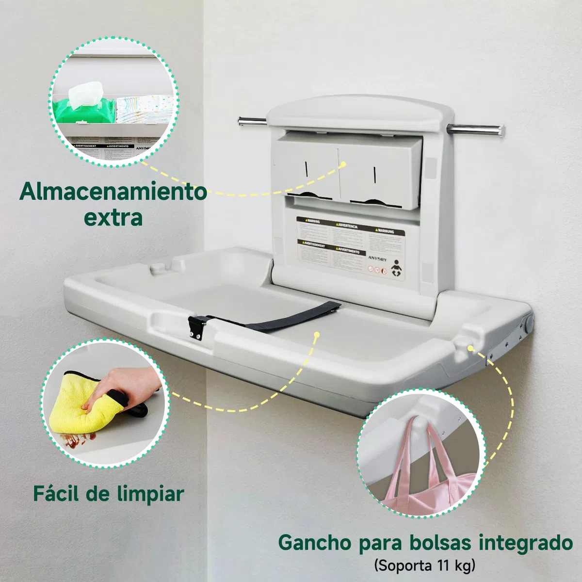 anydry Estación para cambio de bebés de pared resistente, Diseño robusto con correas de seguridad, Plegable ahorrador de espacio, en elegante blanco grisáceo