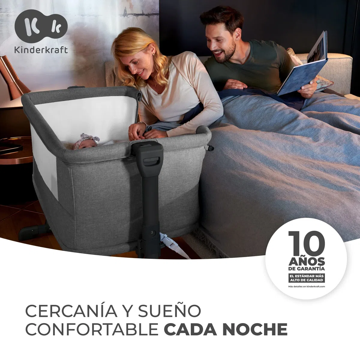 Kinderkraft Neste Grow Cuna de Cabecera Colecho 3 en 1, para Bebé, con Colchón, Fácil Ajuste, Desde el Nacimiento hasta los 2 años, Buena Circulación de Aire, Ruedas transportarás, Gris