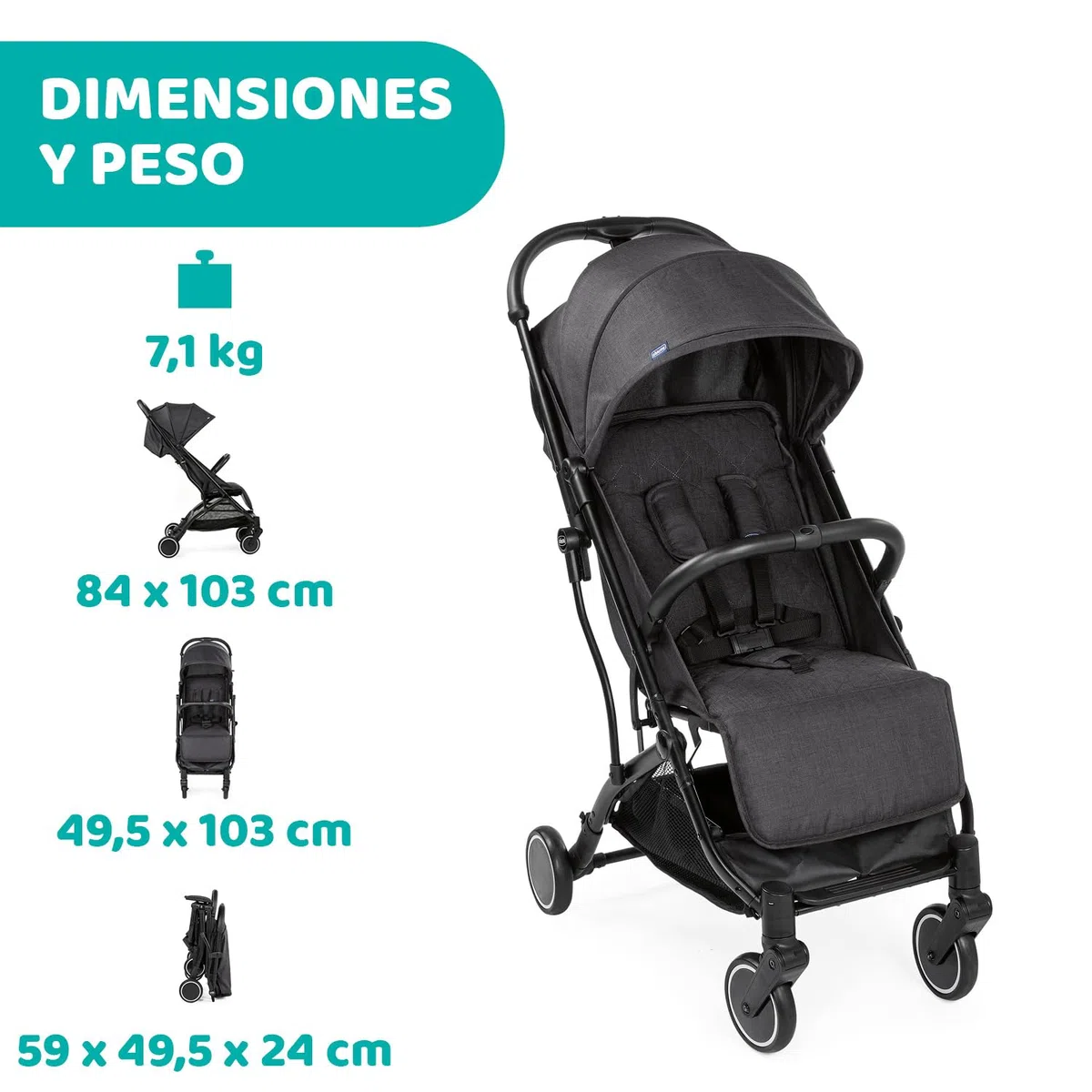 Chicco Trolley Me Silla de Paseo Ligera de 0 Meses hasta 15 kg, Buggy Reclinable y Plegable con Función Trolley, Cierre Compacto, Cubierta Lluvia y Capota Plegable - Color Negro (Stone)