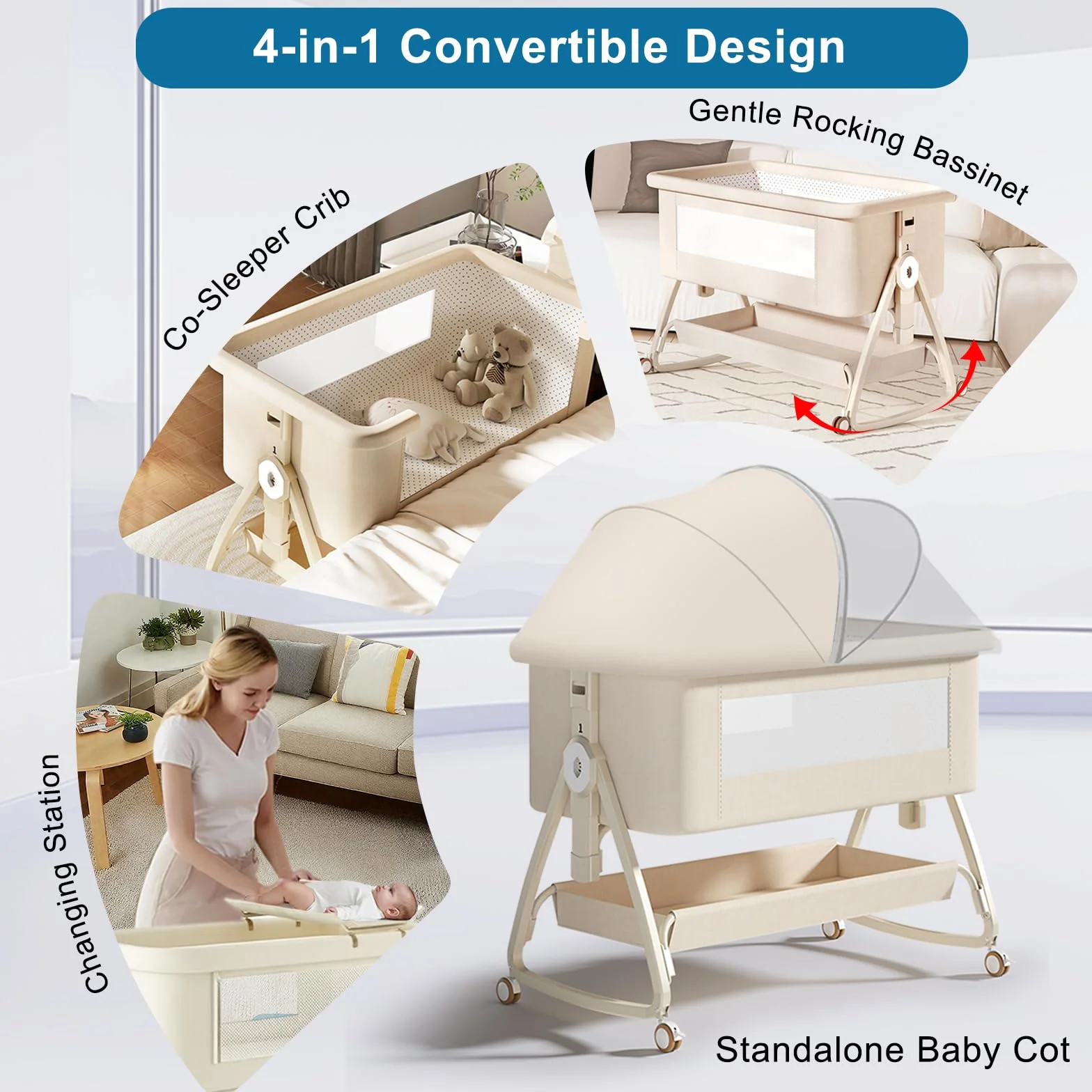 Cuna de Colecho 4 en 1 Convertible en Minicuna | Cuna de Bebé Ajustable en 6 Alturas (0-3 Años) con Colchón,Cambiador,Mosquitera y Cesta de Almacenamiento | para Colocar al Lado de Cama (Beige)