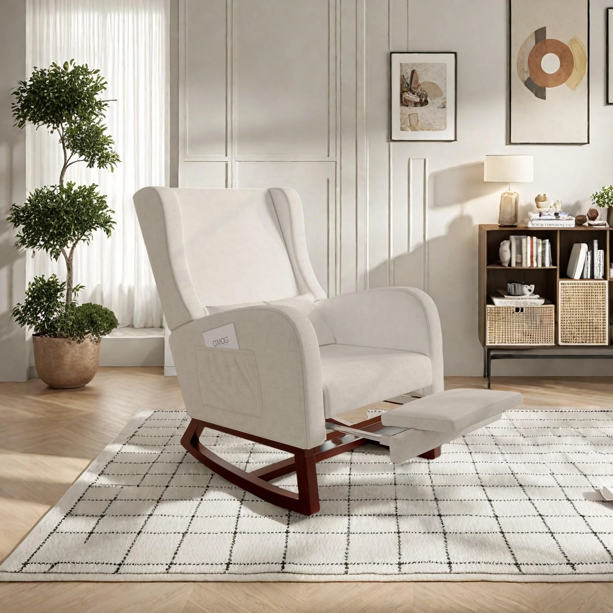 Mecedora de lactancia Lin Beige con reposapiés y reposabrazos, madera maciza, 67x64x99 cm