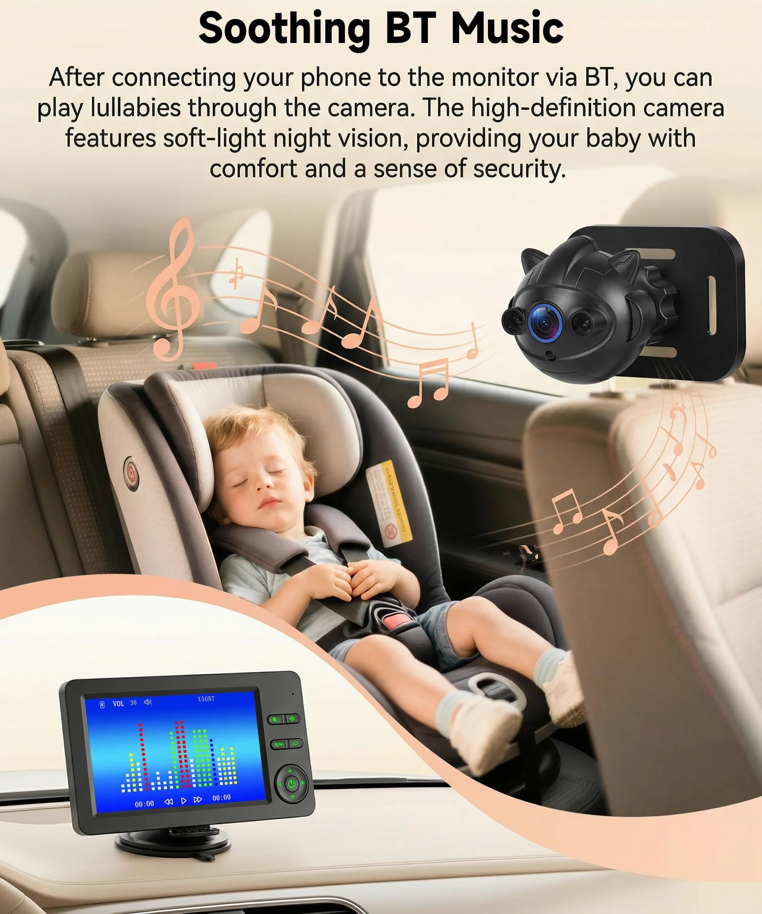 Rimoody Cámara de Coche para Bebé, Espejo de Coche para Bebés para el Asiento Trasero con 4,3 Pulgadas IPS Monitor, Visión Nocturna IR, Manos Libres y Música Bluetooth, Iluminación de Siete Colores