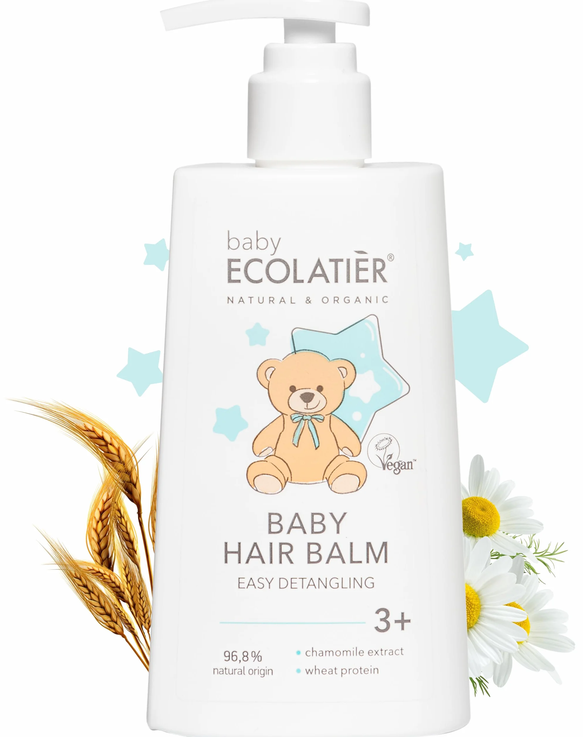 ECOLATIER Acondicionador orgánico para bebés para desenredar fácilmente 3+, 250 ml, fórmula de proteína de manzanilla y trigo, 96,8% de origen natural, certificado vegano