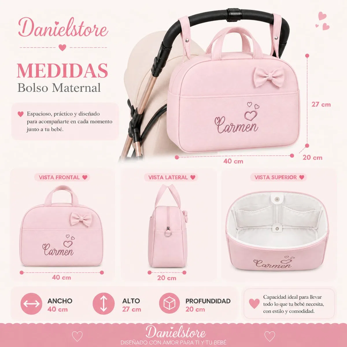 Danielstore - Bolso Maternidad Personalizado | Organizador Pañales | Asa Colgar al Hombro | Compatible Carrito Bebe | Fácil Limpieza, Rosa, 1 Unidad, Polipiel