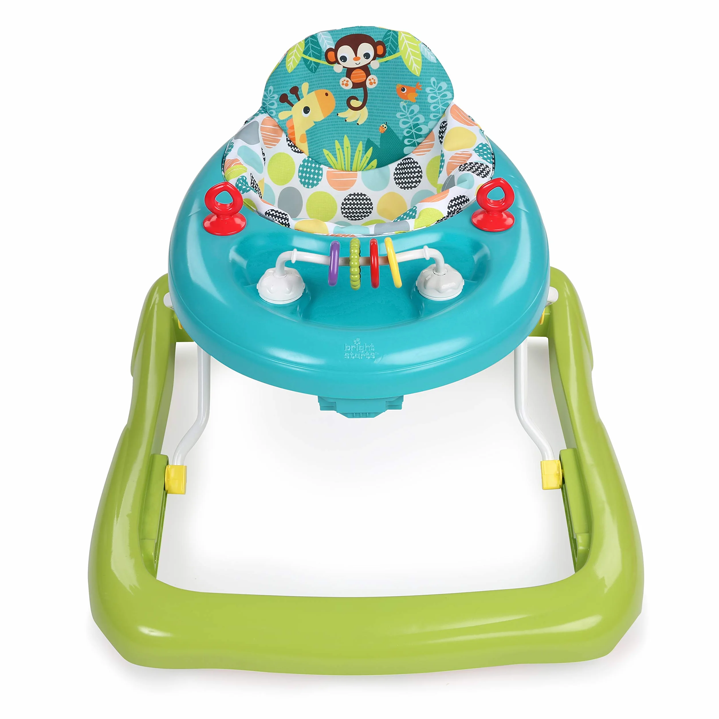Bright Starts, Andador Primeros Pasos Plegable para Bebés Giggling Safari, juguete de ábaco divertido y colorido, altura ajustable, asiento extraíble, lavable a máquina, a partir de 6 meses