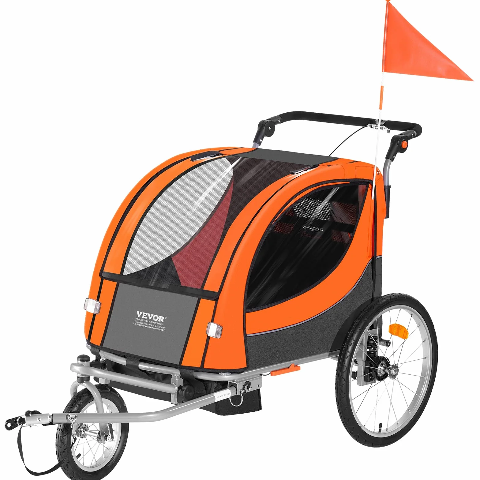 VEVOR Remolque de Bicicleta para Niños Asiento Doble Carga 40 kg Portaequipajes Transformable en Cochecito Remolque de Bicicleta para Niños Plegable con Enganche Universal para Bicicleta, Naranja Gris