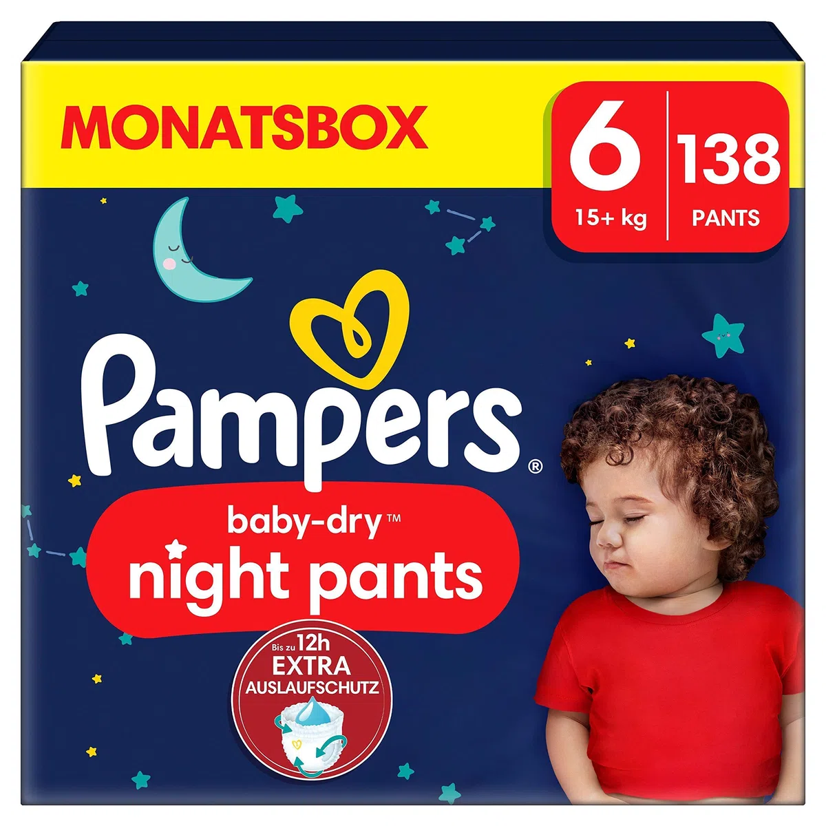 Pampers Night Pants, tamaño 6, 138 capas, 15 kg+, mantenimiento de 360° contra fugas con un corazón súper absorbente para una protección reforzada toda la noche, paquete de 1 mes