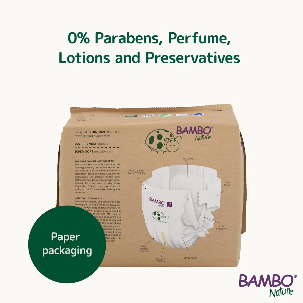 Pañales Bambo Nature talla 2 – 3 a 6 kg (Pack 6 x 30 Un)