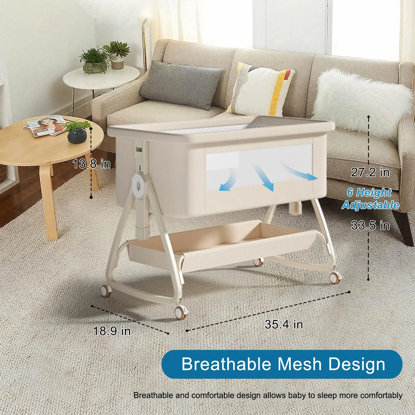 Cuna de Colecho 4 en 1 Convertible en Minicuna | Cuna de Bebé Ajustable en 6 Alturas (0-3 Años) con Colchón,Cambiador,Mosquitera y Cesta de Almacenamiento | para Colocar al Lado de Cama (Beige)