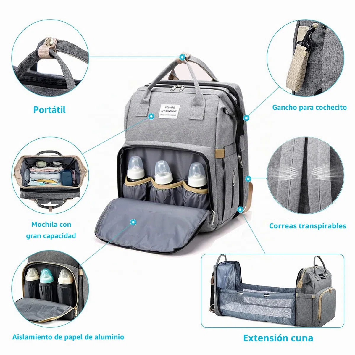 Mochila para Pañales Plegable,Bolsa de Cambio de Pañales Portátil,mochila para bolsa de bebé,Bolsa de Pañales Convertible,Gran Capacidad, Impermeable,para Bebépara cochecito (Gris)